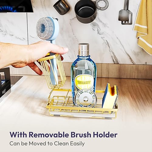 Miniatura 4 de SWTYMIKI Organizador de fregadero de cocina con soporte para cepillos desmontable, soporte de esponja de acero inoxidable con bandeja de goteo