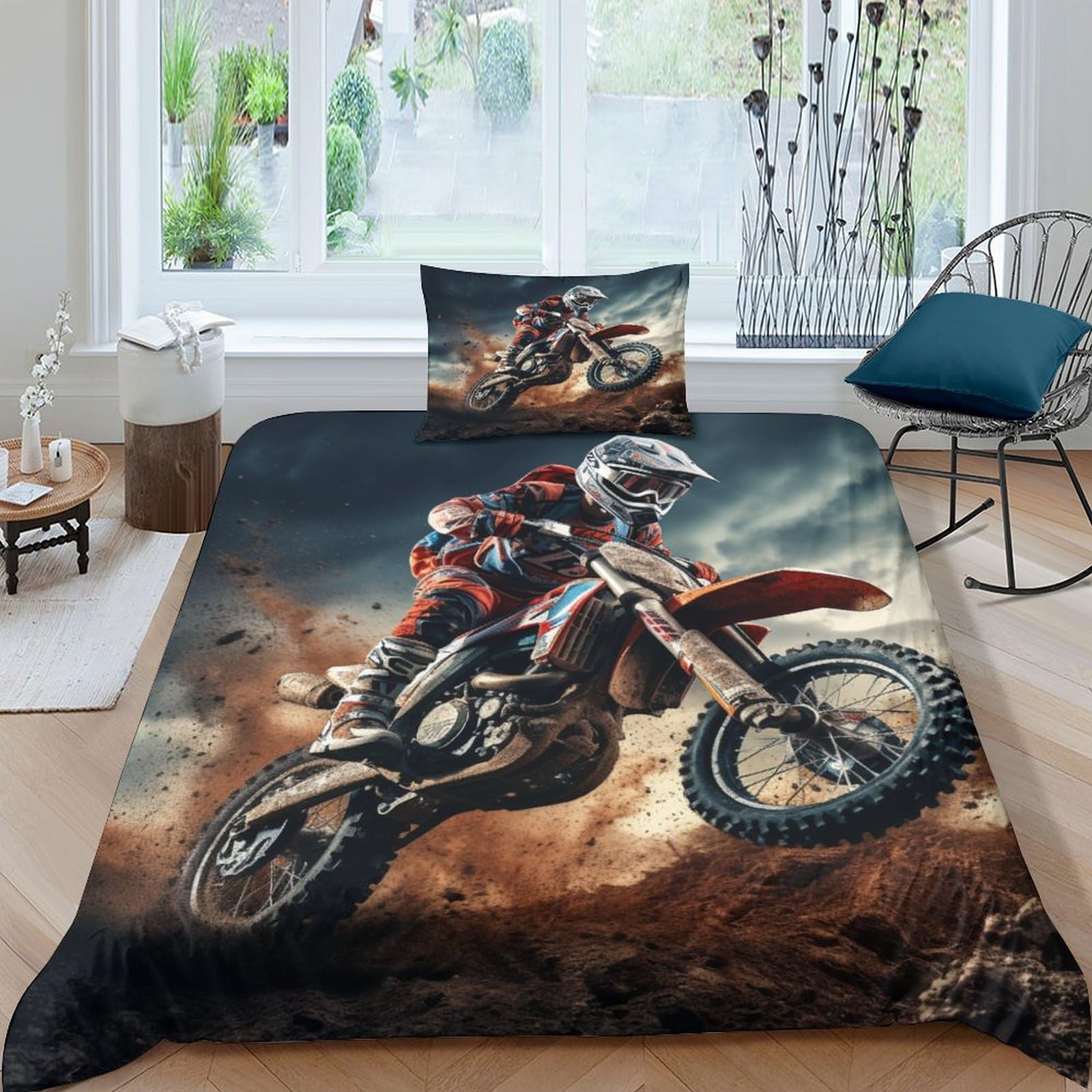 Housse de couette moto 3D pour la chambre d'un enfant passionné de course