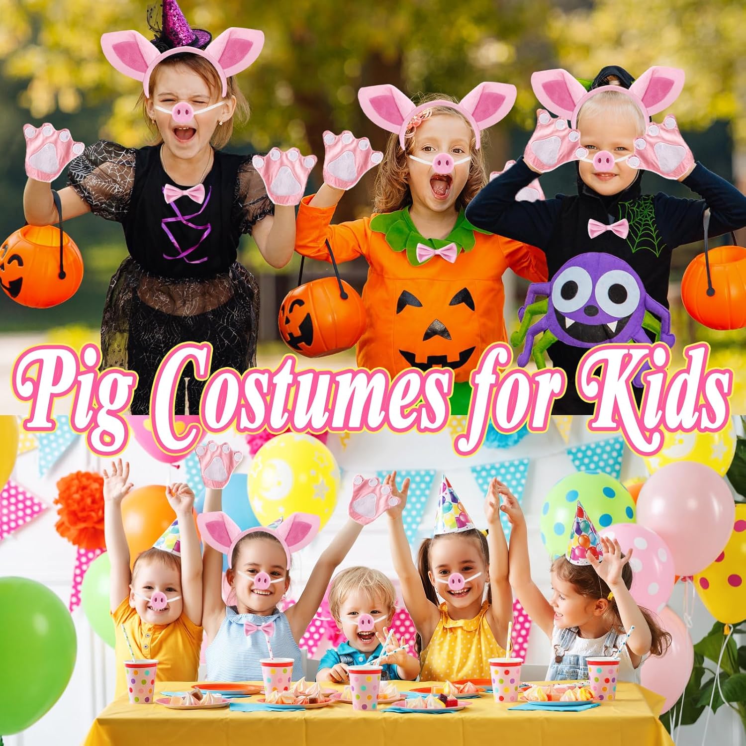 5 Pcs Pink Pig Costume Set,Fuzzy Pig Ears Nose Tail Gloves Bowtie Kit,Animal Costumes for Kids,Halloween Cosplay,Dress Up Party - Image 7