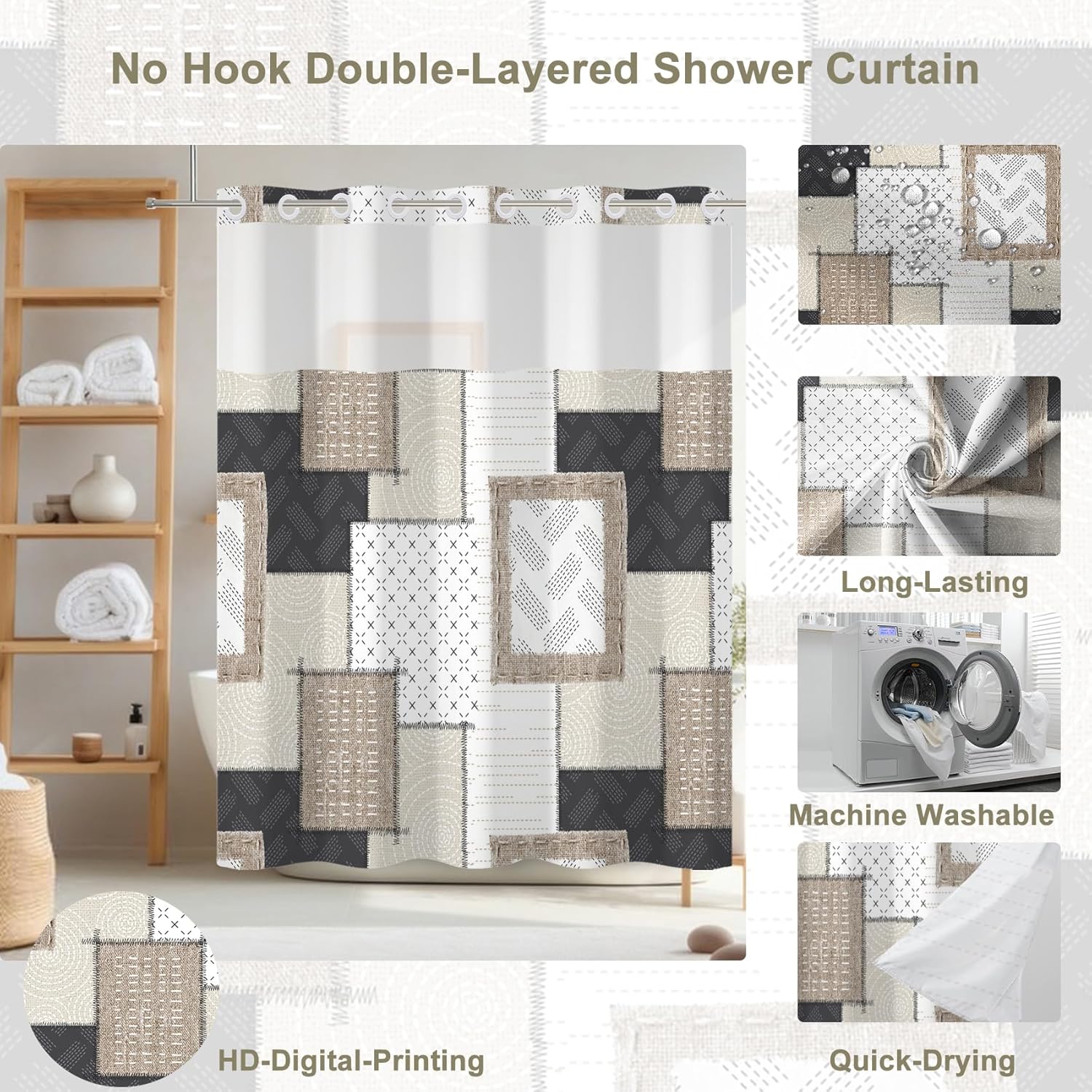 Simple Patchwork Pattern No Hook Shower Curtain,Modern Stylish Double-Layered Shower Curtain with Snap-in Liner and Weights,Minimalist Fabric Bath Curtain with See Through Mesh, 71x74in