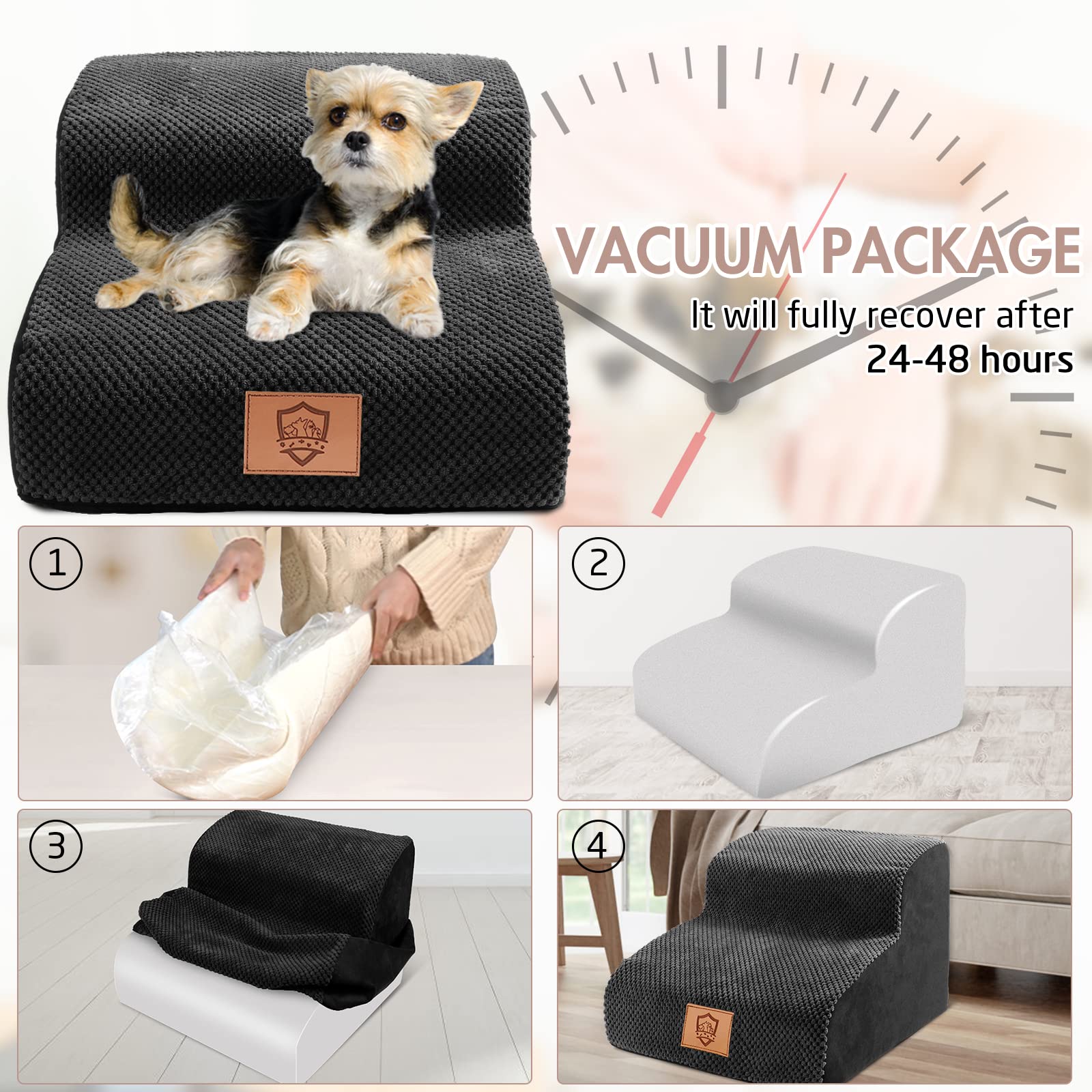 Kphico Foam Pet Stairs for Small Dogs and Cats, 2-Step Dog Stairs Ramp, Non-Slip Puppy Stairs Pet Steps for Couch, Sofa, and High Bed - Send 1 Pet Hair Remover Roller, Black