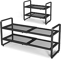 SNTD Expandable 2-Tier Metal Shoe Rack - Stackable Adjustable Organizer for Closet, Garage, Entryway High Heels (Black)