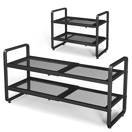 SNTD Shoe Rack - Expandable Shoe Organizer for Closet, Adjustable Metal Shoe Shelf Storage, Stackable Long Shoe Stand Holder for Garage, Entryway, Door Entrance (Black, 2-Tier)