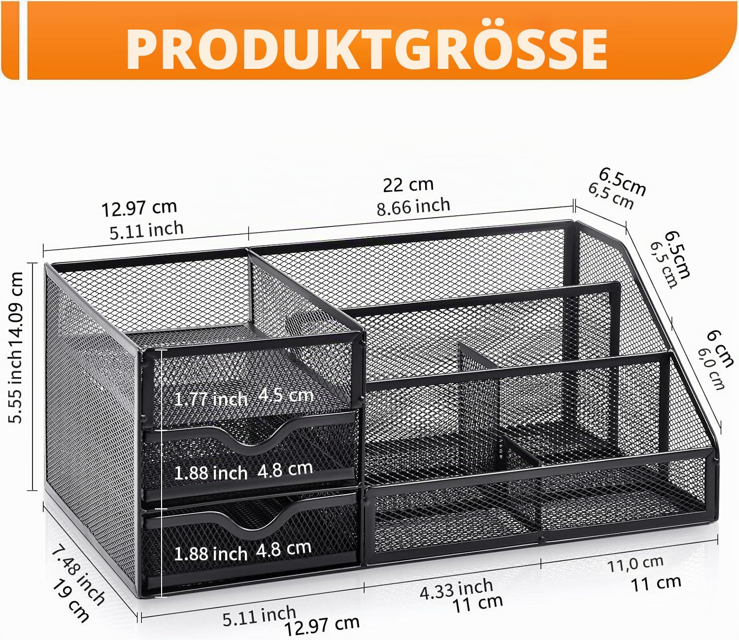 Marbrasse Netz-Schreibtisch-Organizer mit Schubladen,Multifunktionaler Schreibtisch-Organizer und Zubehör mit 6 Fächern + 2 Schubladen,Büro Desktop Organisation(Schwarz)