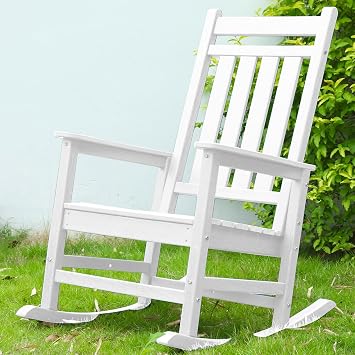 Oversized Outdoor Rocking Chair with Ergonomic Backrest, HDPE Patio Racking Chairs for Front Porch Outside All Weather, 300 LBS Capacity Single, White