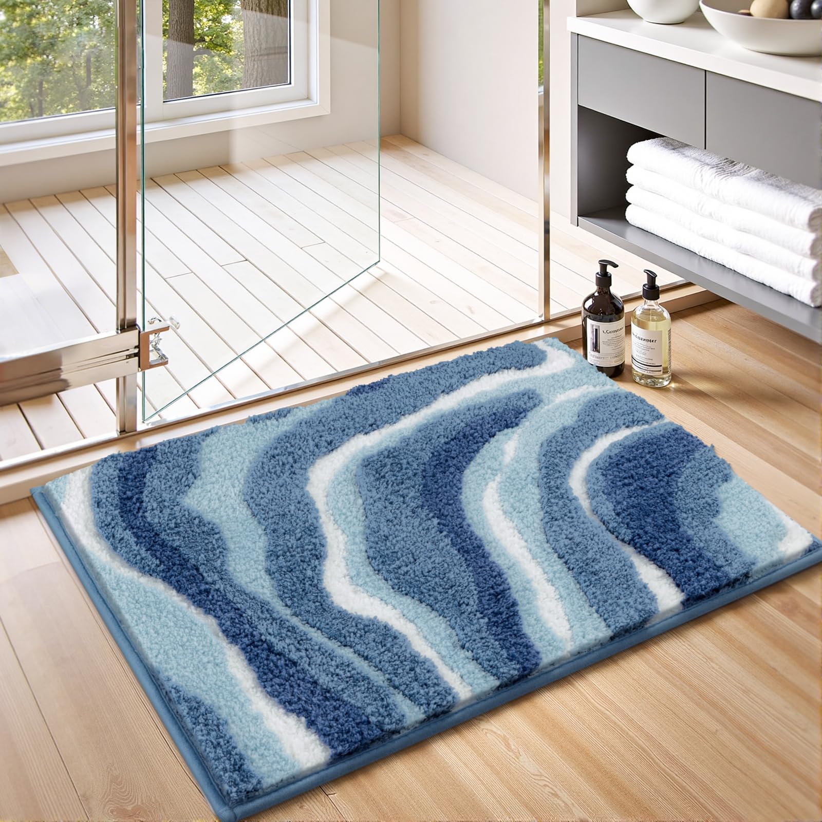 Enyhom Badematte rutschfest 45 x 65 cm, Weicher Dicker Blau Badezimmerteppich Waschbar Badteppich, Super Saugfähig Flauschig Schnelltrocknend Duschvorleger, Mikrofaser Klein Bad Teppich für Badewanne