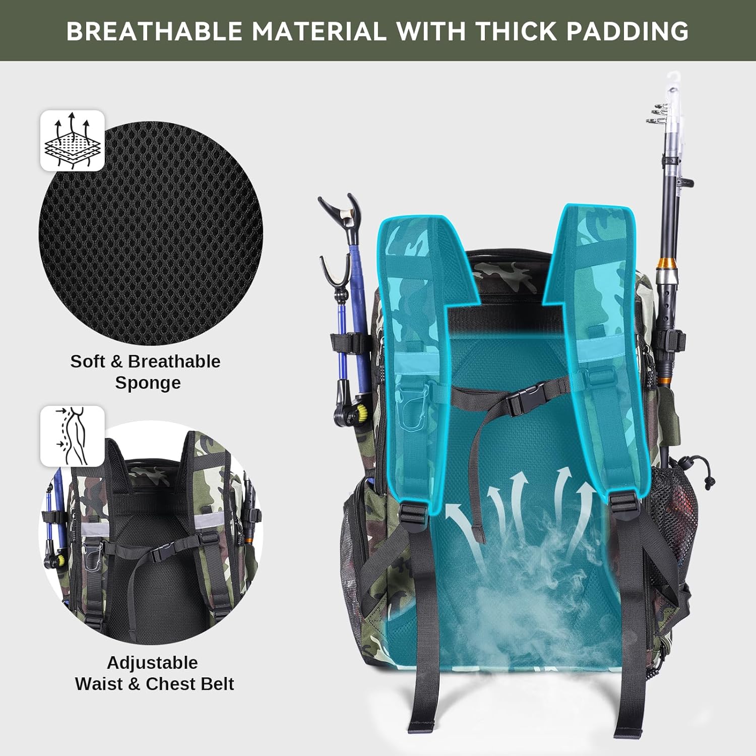 Bagenerous 39L Fishing Tackle Backpack with Rod Holders & Cooler,Water-resistant Fishing Gear Storage Bag with Protective Rain Cover,Camouflage