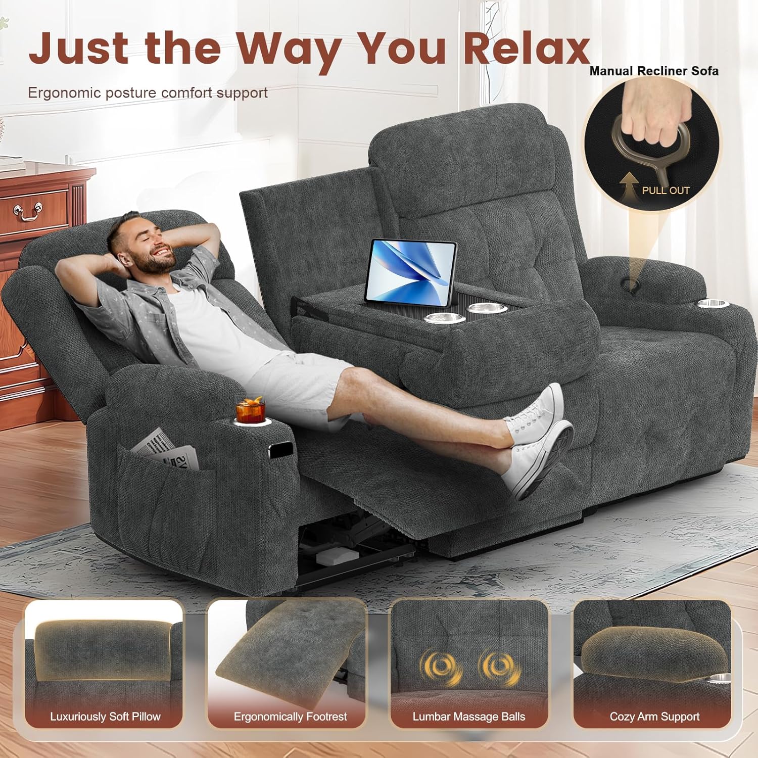 Recliner Sofa, Massage Reclining Sofa 3 Seater Sets Fabric Reclining Couch, RV Loveseat Couch Clearance with Flip Back Console, Storage, Cup Holders, Wall Hugger Reclining Couch for Living Room