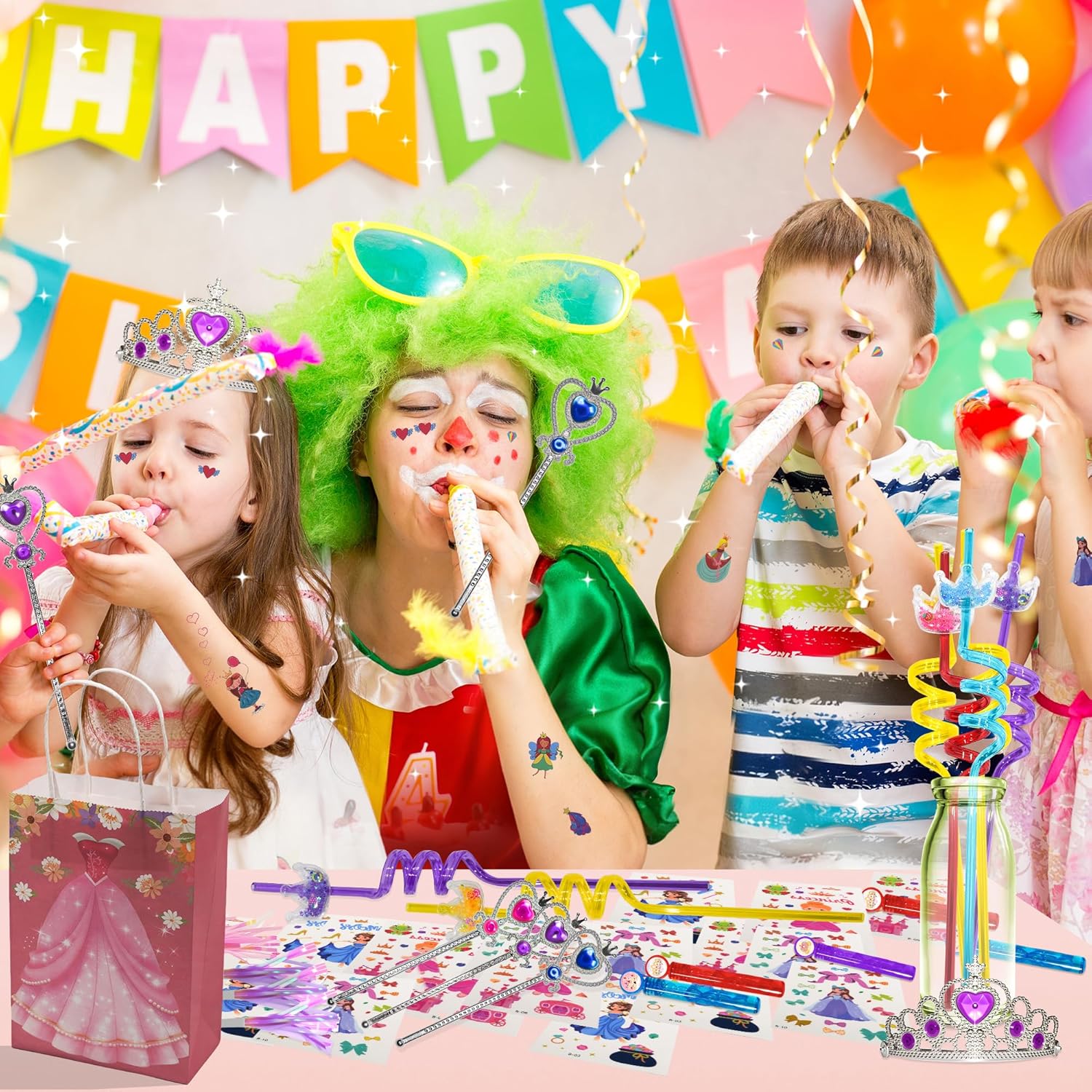 84pcs Princess Party Favors, Sweet Birthday Party Supplies Including Crowns Diamond Wands Tattoo Stickers Blowers Bubble wands, Perfect for Girls' Party Decorations & Pinata Fillers