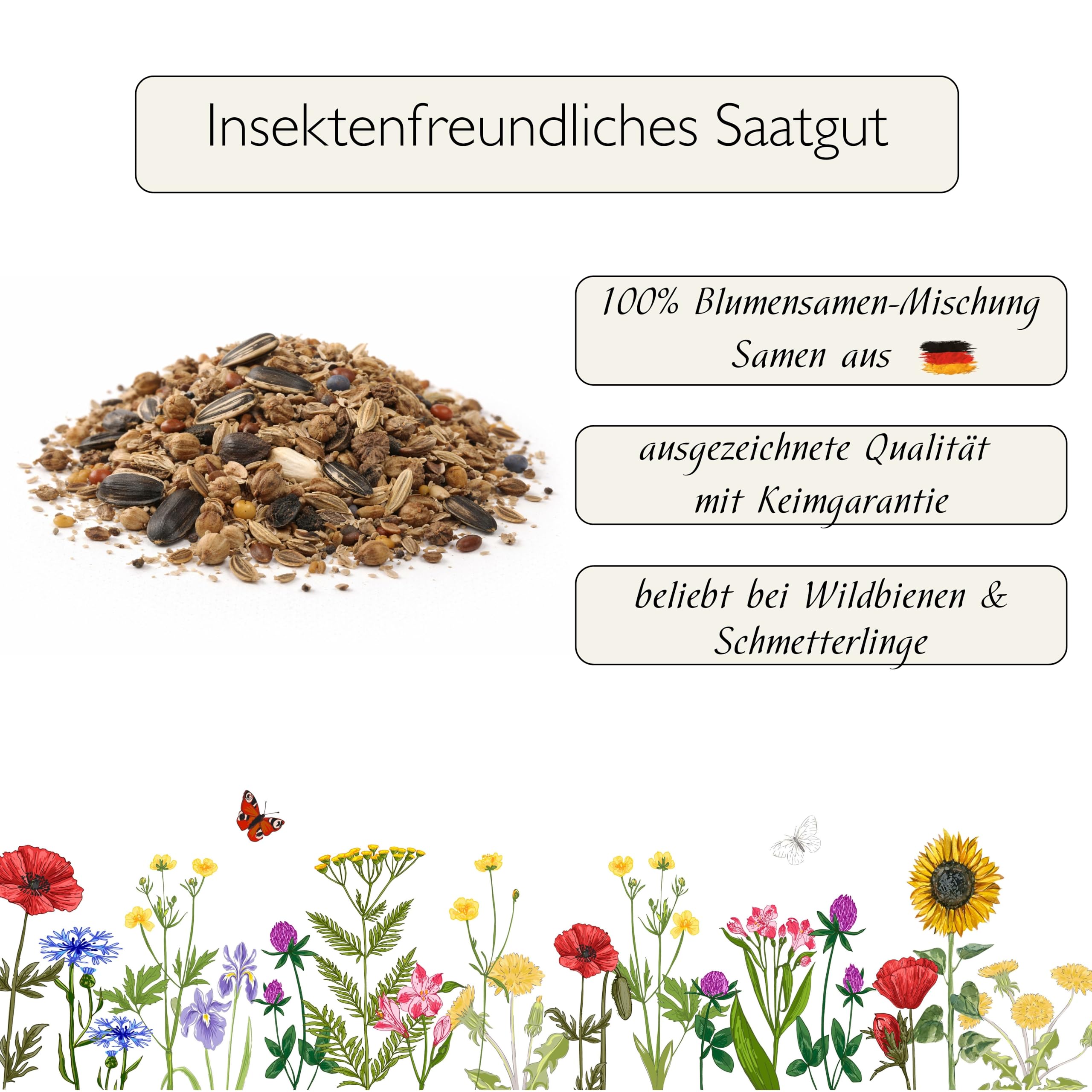 Blumenwiese mit Keimgarantie als Wildkräuter Mischung fünfjährige Bienenweide, insektenfreundlicher Garten mehrjährige winterharte Blühwiese für Bienen & Hummeln (250qm)