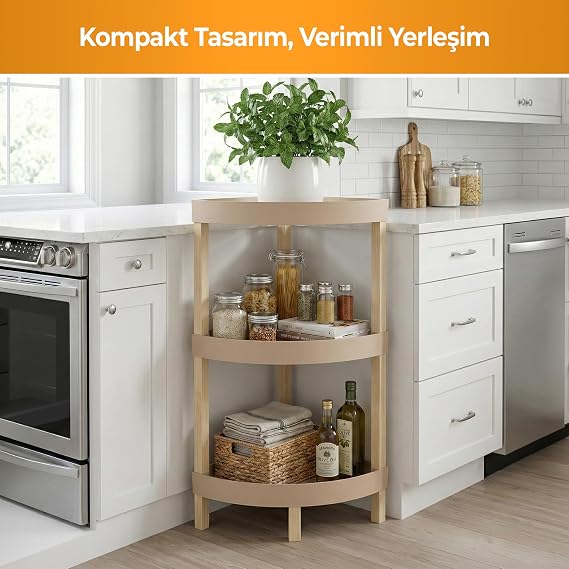 Ahşap 3 Katlı Mutfak Rafı – Masif Gövde, Modüler Meyve-Sebze Standı, Dar Alan Köşe Organizer, Aletsiz Montaj