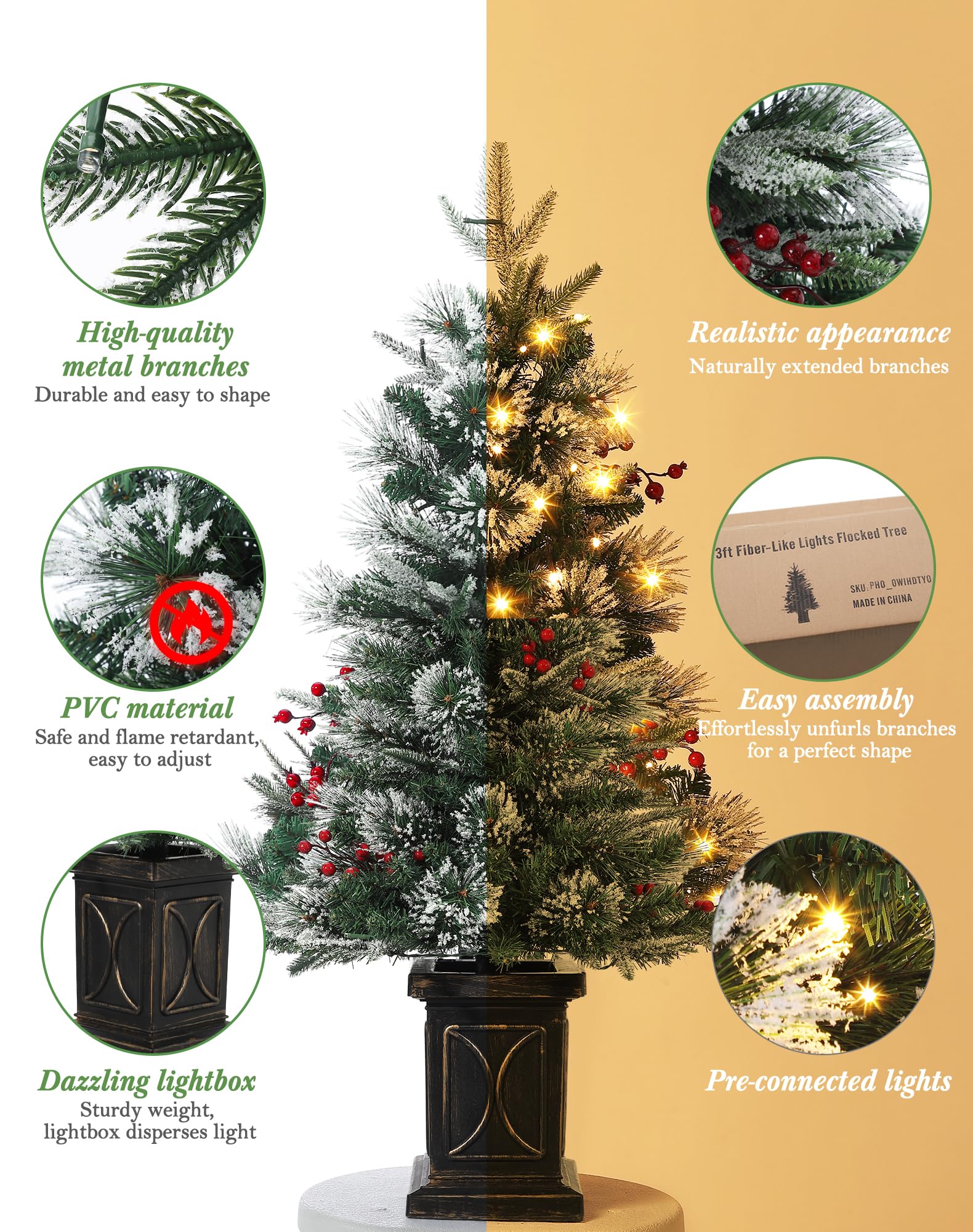 2PCS Weihnachtsbaum Künstlich 90 cm mit 78 Beleuchtung, Snow Flocked Künstlicher Weihnachtsbaum Batteriebetrieben Pre-lit Premium mit roten Beeren Weihnachten deko für Zuhause, Büro, Vintage Topfbasis