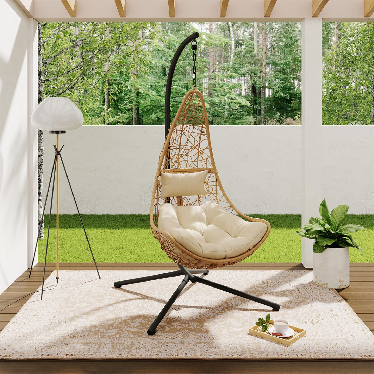IDMarket - Fauteuil Demi-Lune Suspendu ajouré Effet rotin avec Coussin écru