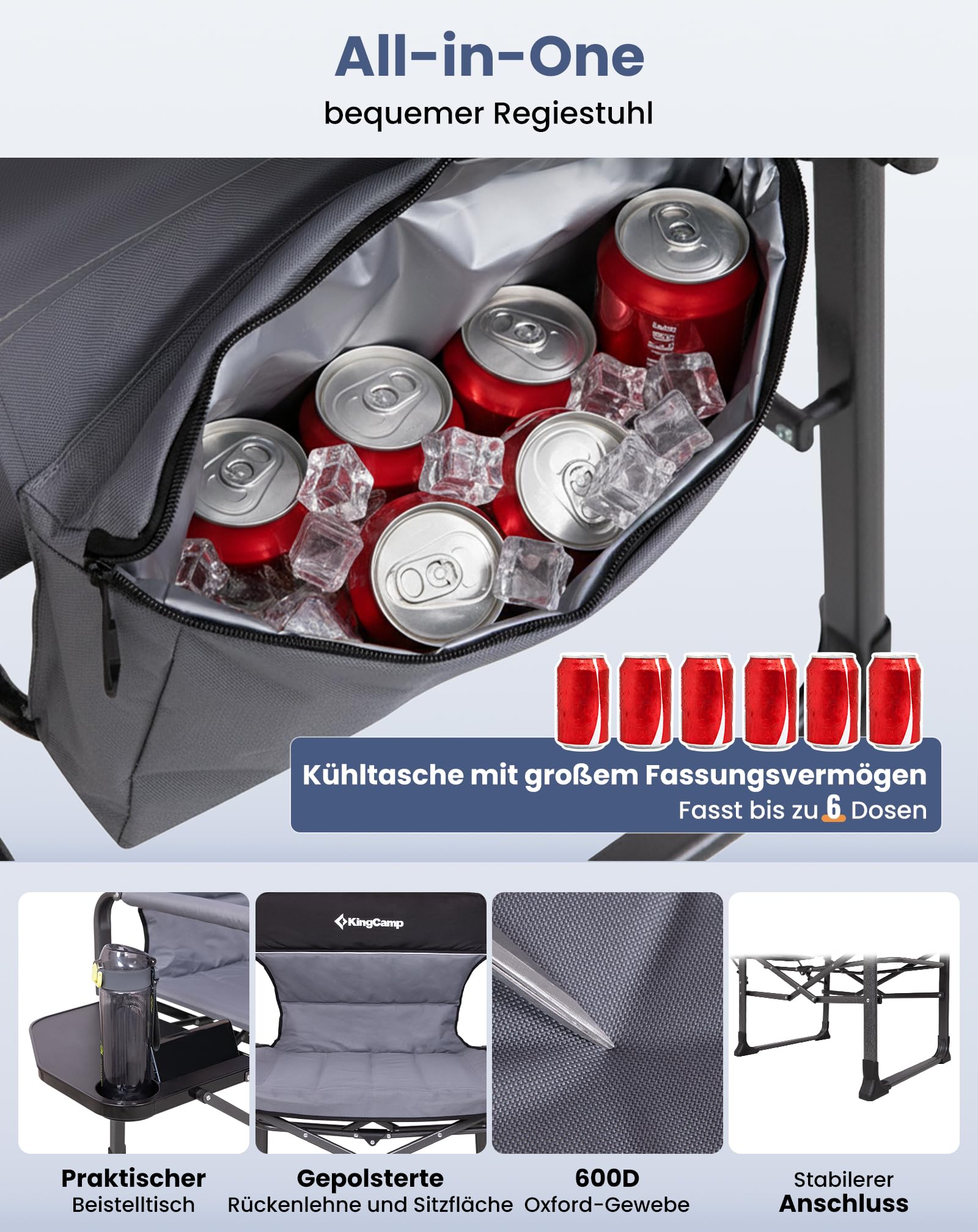 KingCamp XXL Regiestuhl Klappbar mit Extra Breit 80cm Sitzfläche bis 250 kg | Campingstuhl Faltbar mit Seitentisch & Kühltasche, Kompaktes Packmaß, Robuster Tragbarer Angelstuhl für Camping Picknick
