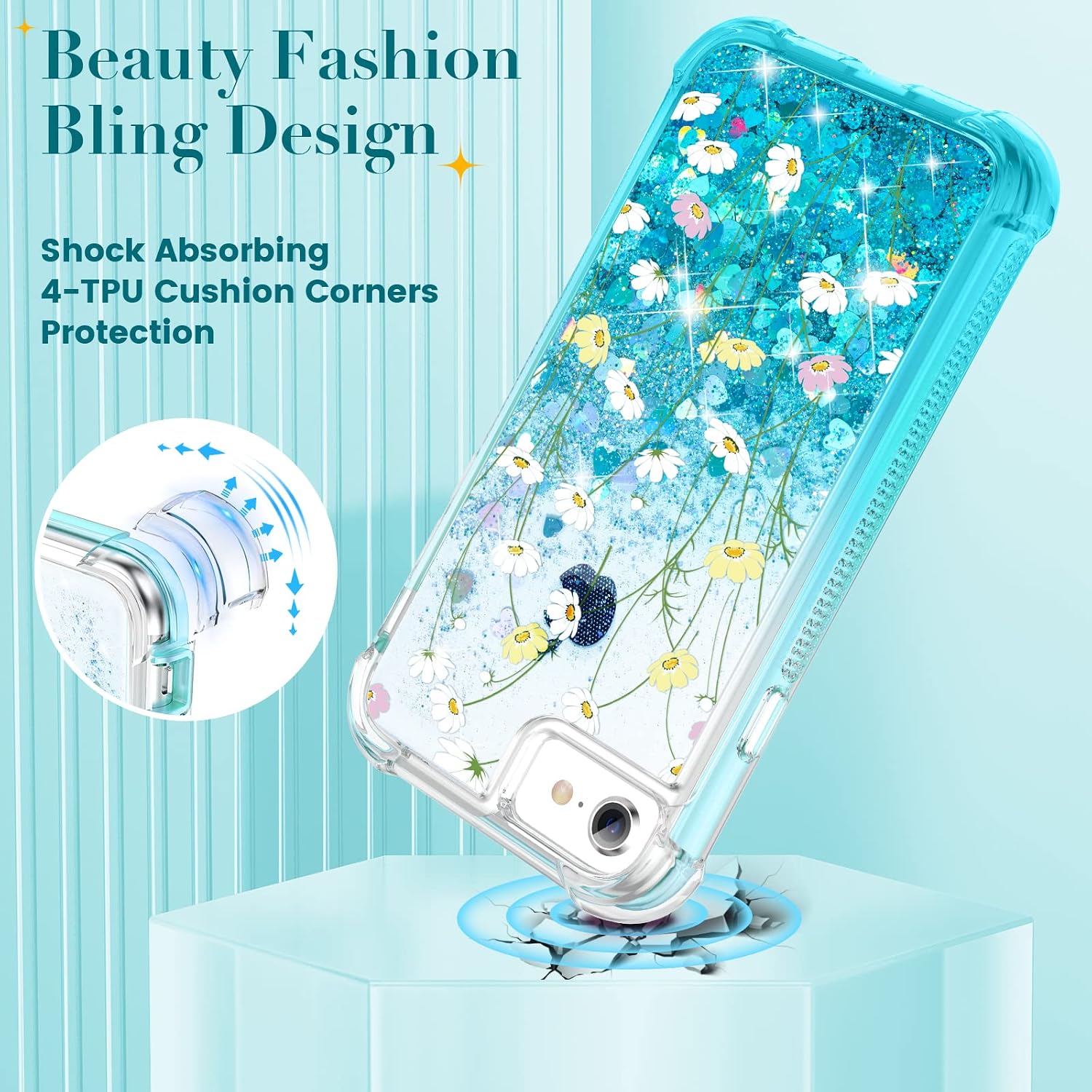 Ruky iPhone 6 6s 7 8 Case, iPhone SE 2022 Case, Full Body Glitter Liquid Floral Cover with Built-in Screen Protector Shockproof Girls Women Case for iPhone 6/6s/7/8/SE 2020 & SE 2022, Flower Bouquet