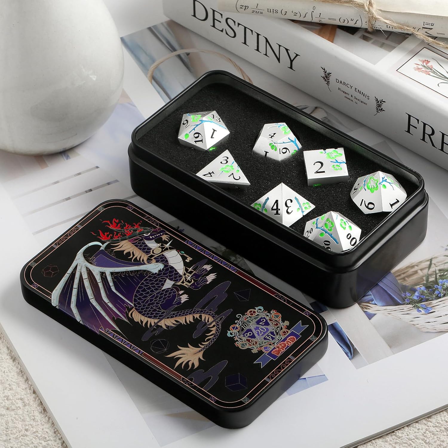 DNDND Glow in The Dark Metal Dice with Gift Case and DNDND Dragon Roulette Metal Spinner Dice with Luxurious Box