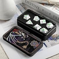Vista 8 de Dados de metal que brillan en la oscuridad, DNDND juego de 7 dados metálicos verdes para D&D con estuche de regalo magnífico para juego de mesa