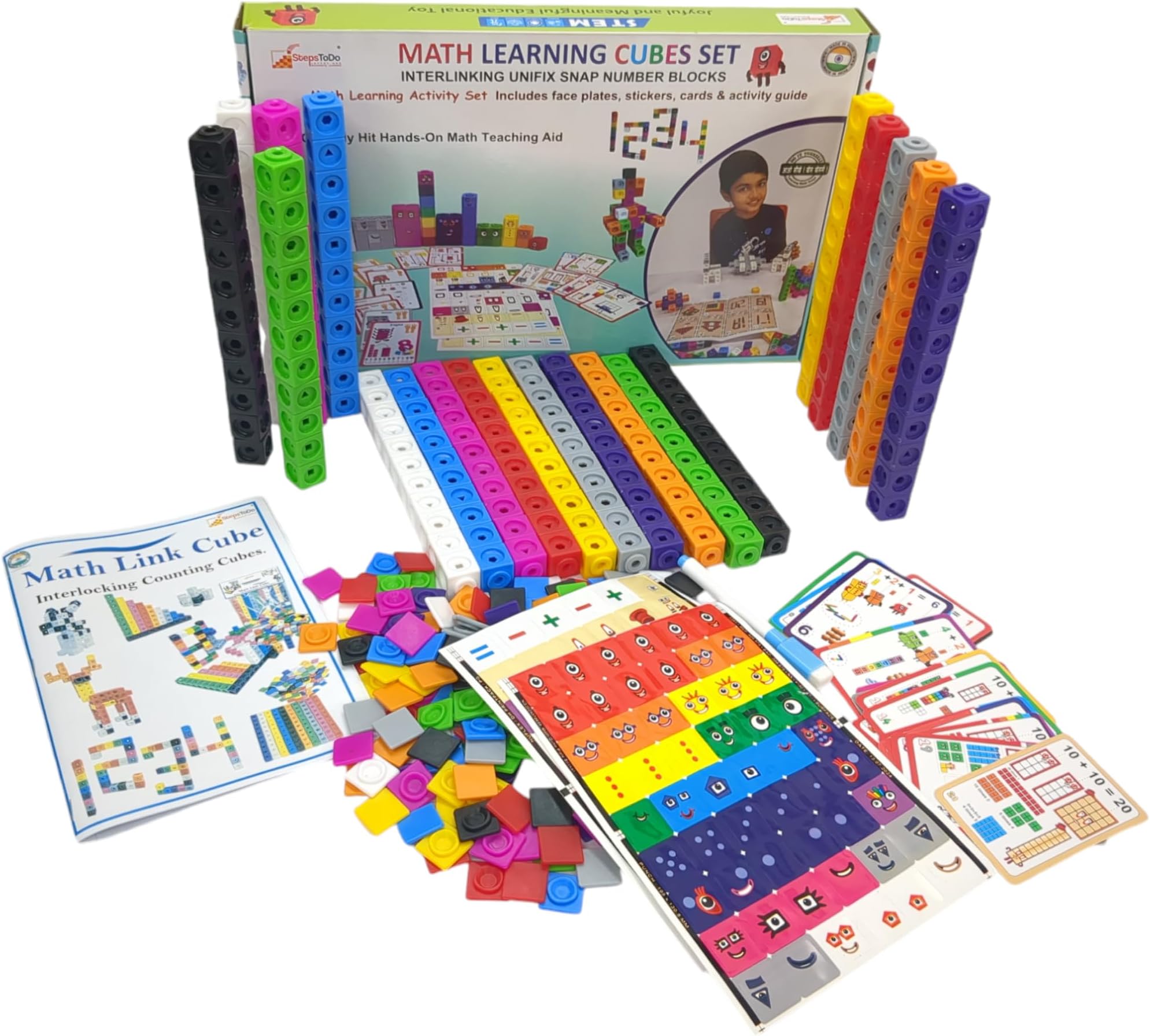 Math Learning Number Cubes Kit for Kids | 200 Cubes, 200 Face Plates, 216 Stickers & 20 Activity Cards | Hands-On STEM Math Toy for Counting, Patterns & Place Value