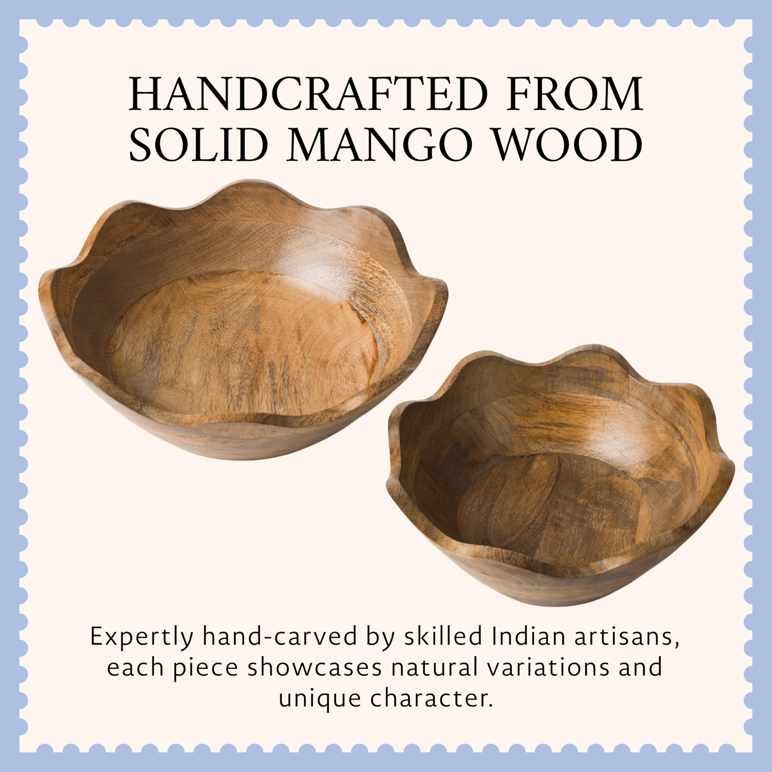 Mela Artisans Cuenco festoneado de madera – Juego de 2 grandes y medianos | Acabado de grano natural de madera de mango | Se adapta a pan, frutas, ensalada o palomitas de maíz | 12 x 4 x 12 pulgadas,