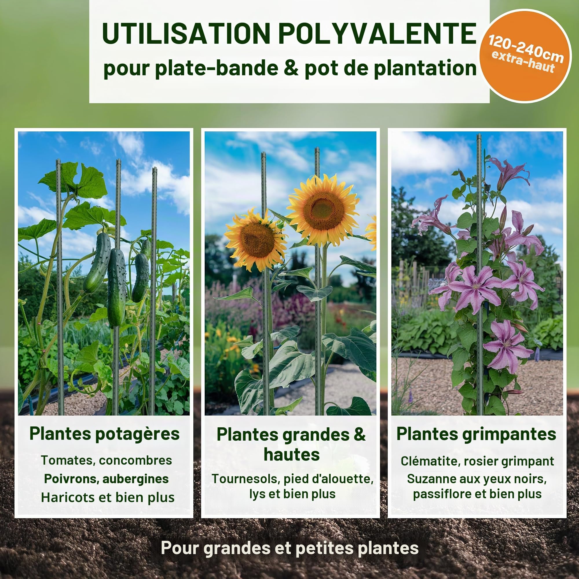 TTL GARDEN Lot de 10 tiges de treillis - 240 cm x 16 mm de diamètre - Vert