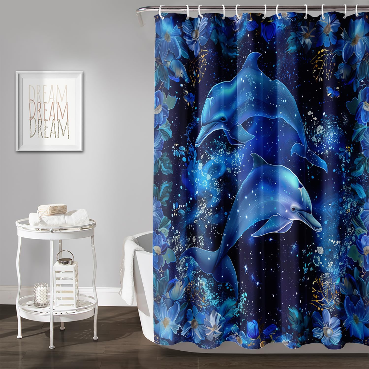 AILONEN Boys Girls Dolphin Shower Curtain Set,Blue Flower Sea Life Bathroom Curtain,Ocean Animal Bathroom Decor,Under Water Dolphin Pattern Ocean Waterproof Shower Curtain with Hooks,72" Wx72 H