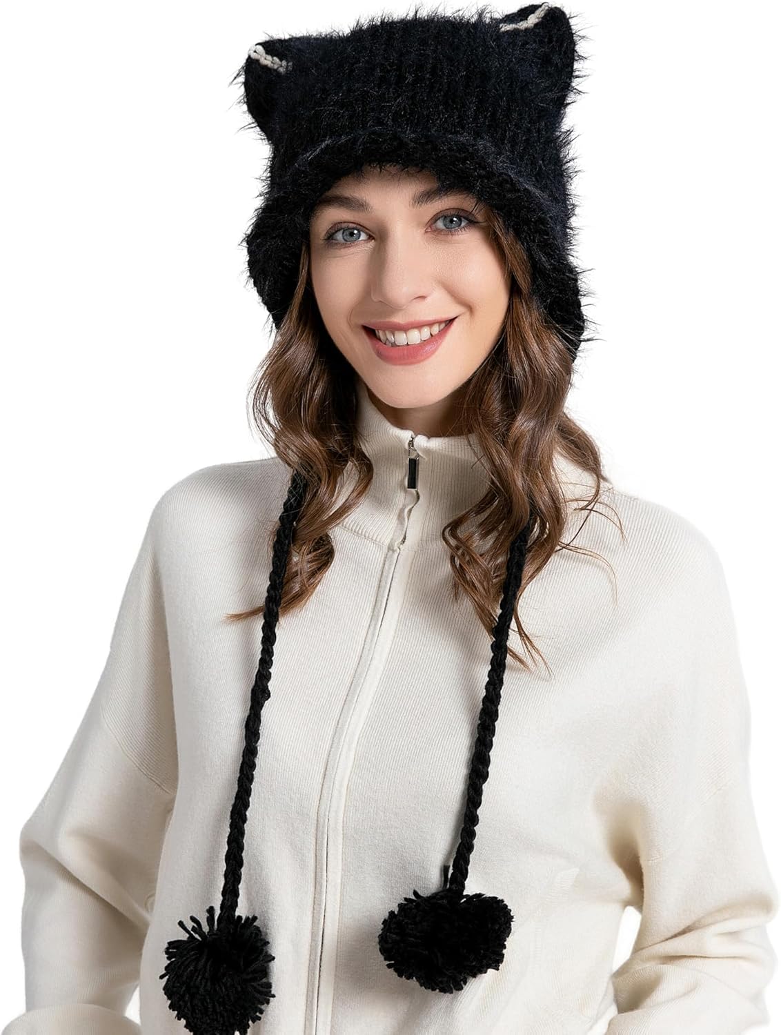 ZLYC Women Crochet Hat Knit Cat Ear Slouchy Beanie Cute Vintage Grunge Fuzzy Hat