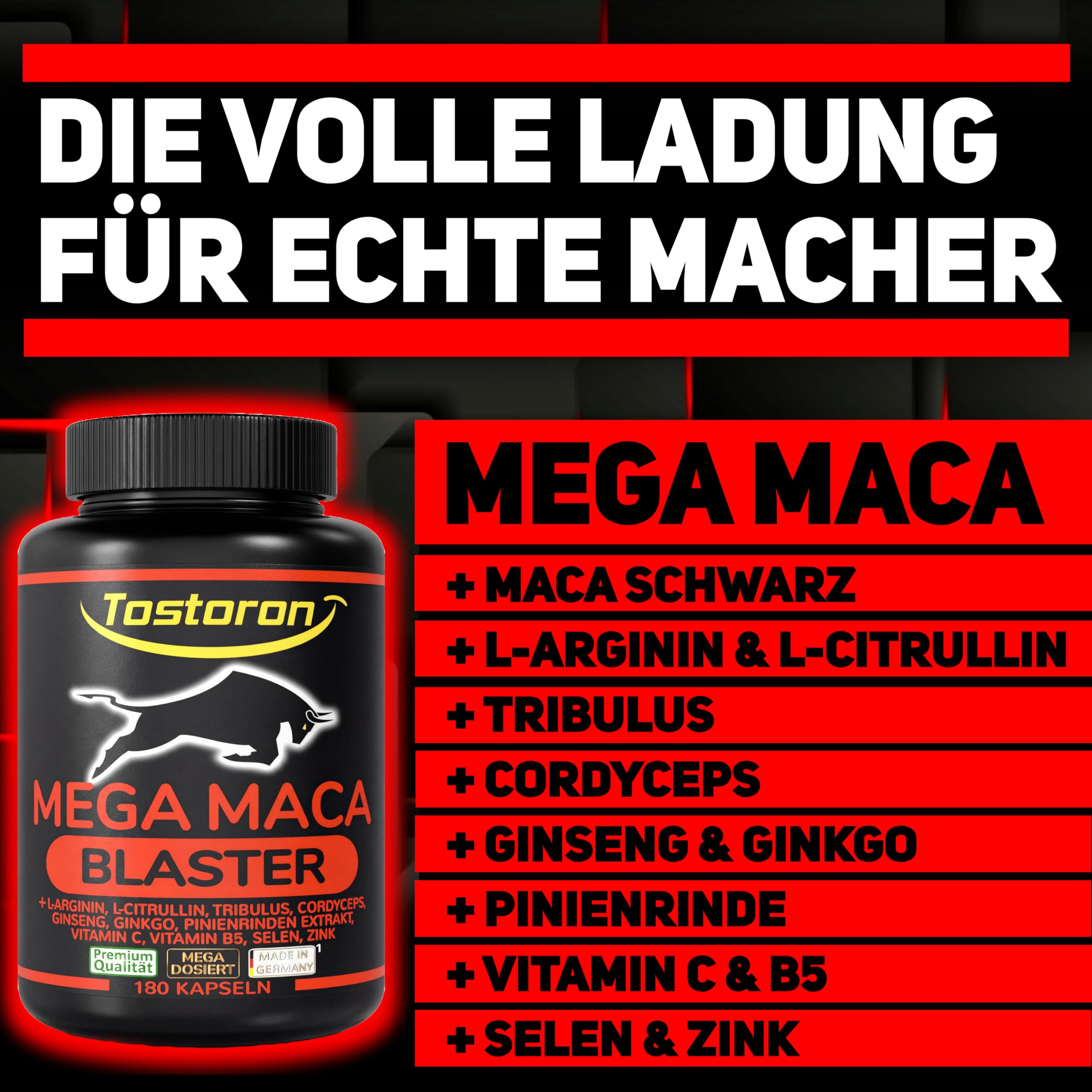 Tostoron MEGA MACA BLASTER hochdosiert - hol dir jetzt den TOSTORON HAMMER direkt nach Hause! 180 Kapseln MACA SCHWARZ, L-Arginin + Citrullin, Tribulus, Cordyceps, Pinie, Selen, Zink 1 Dose (1x158,4g)
