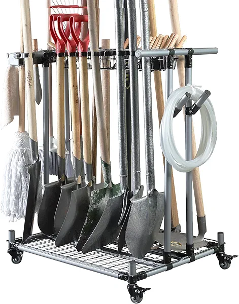 QTJH Heavy duty garden tool organizer garage storage holder storage large long farming tools lawn tool metal rack shovel and rake organizer