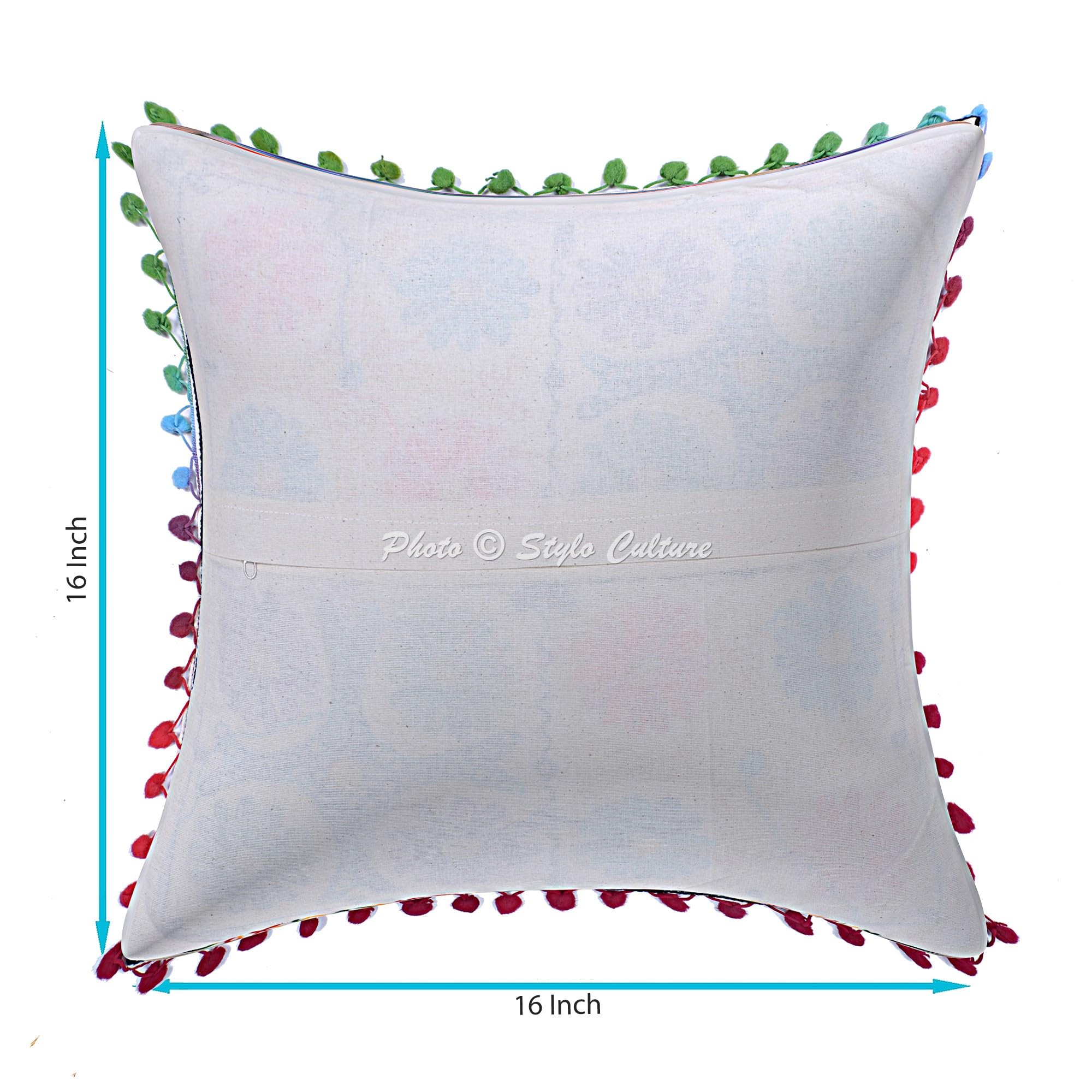 Ethnisch Dekorativ Baumwolle Couch Kissenbezüge 40x40 cm Mehrfarbig Dekokissen Suzani Bestickte Pom-Pom-Spitze Schlafzimmer Sofa Kissen Bezüge Blumen Quadrat Kissenhullen - 4 STK.