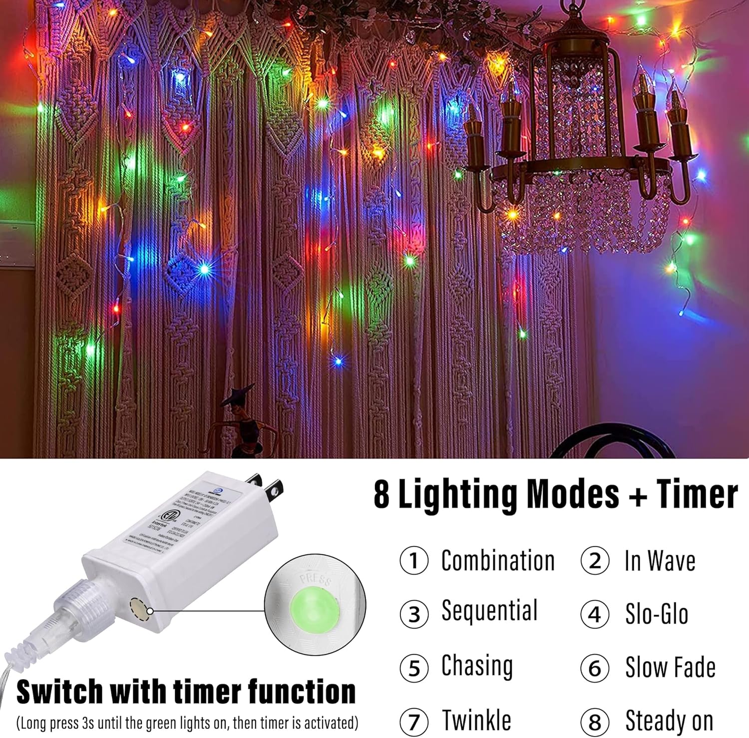 Close-up of the Lomotech Icicle Lights controller showing 8 lighting modes and timer button.