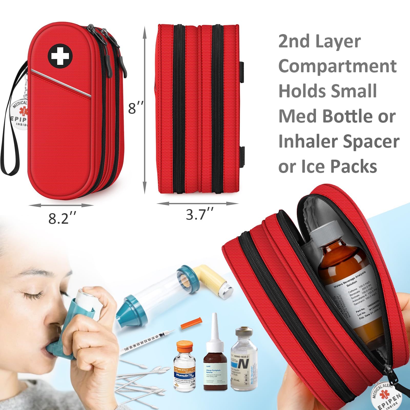 SITHON EpiPen Medical Tragetasche mit Epipen Inside Schlüsselanhänger, tragbare Doppelschicht Tasche Organizer für 2 EpiPens, Asthma-Inhalator, Anti-Histamin, Auvi-Q, (Rot)