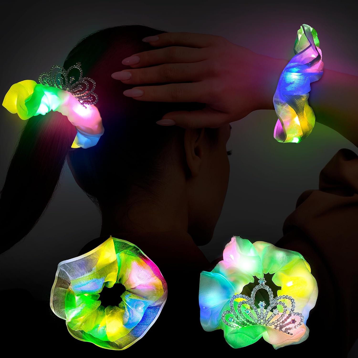 2pcs Green Scrunchies with Crown, Glow in The Dark Scrunchies, Light Up Hair Scrunchies Glow in The Dark Hair Ties for Light Up Hair Accessories