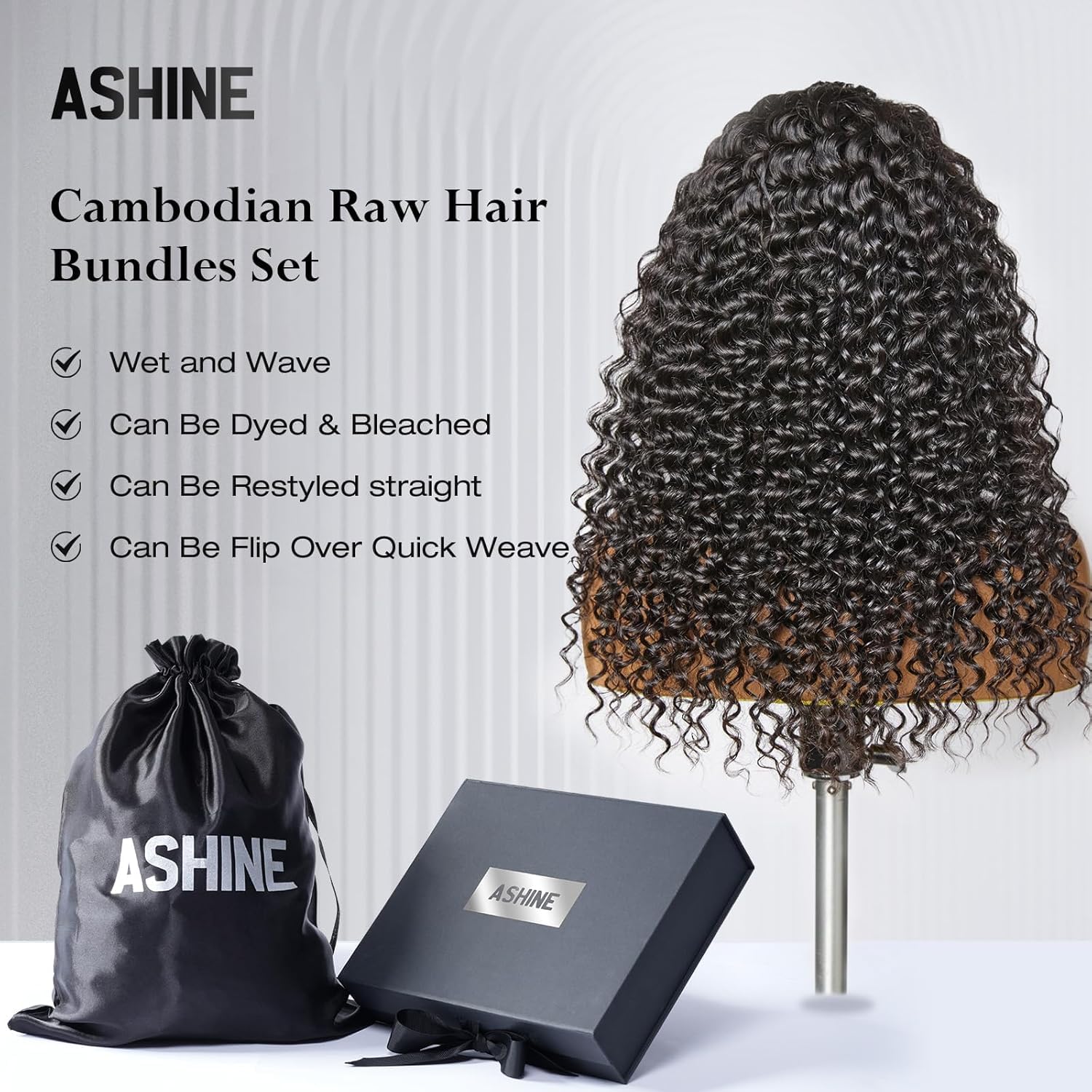 ASHINE Human Hair Bundles Deep Wave Unprocessed Cambodian Raw Hair 24 26 28 Inch, Flip Over Quick Weave Wet and Wave Bundles for Women Natural Black