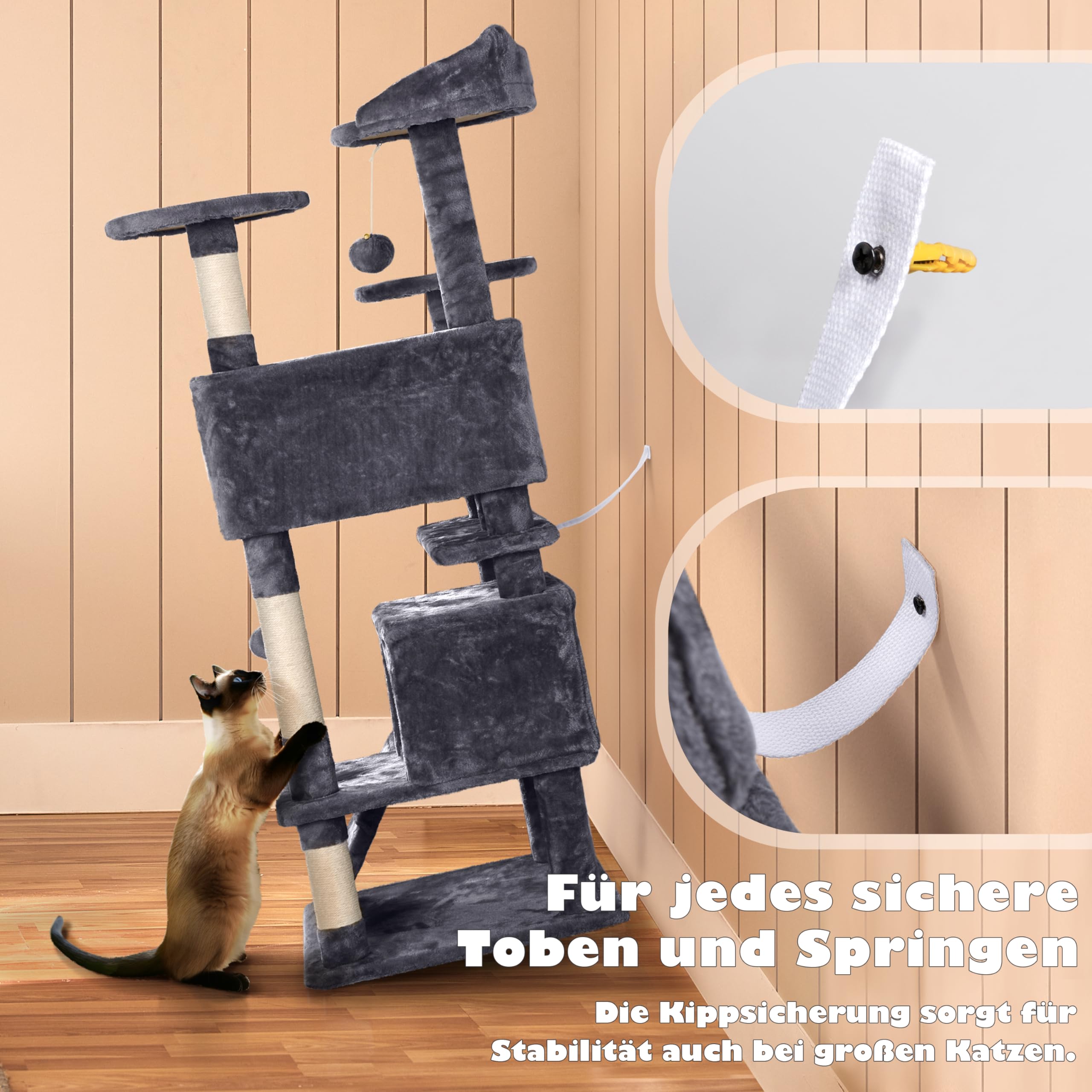 Yaheetech 139 cm Kratzbaum für Kleine und Mittelgroße Katzen, Mehrstufiger Katzenturm mit 2 Höhlen, 3 Plattformen, Sisalsäulen und Stufendesign, Stabil für Mehrkatzenhaushalte, Dunkelgrau
