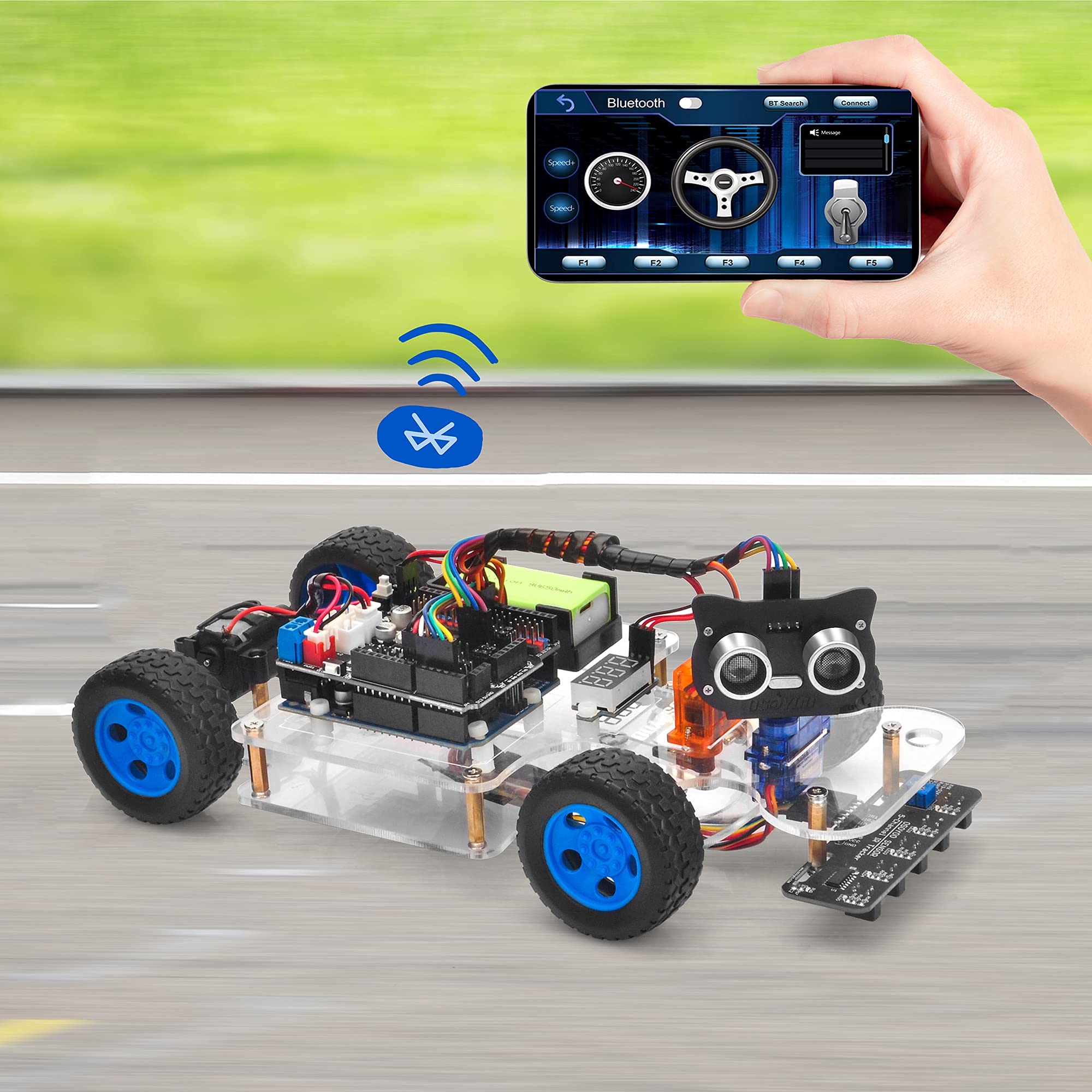 OSOYOO Smart Car para Arduino UNO | Servo Steering Rack DIY Kit | Bluetooth Mock Driving | WiFi IOT | Auto Drive | Learn C++ Programming