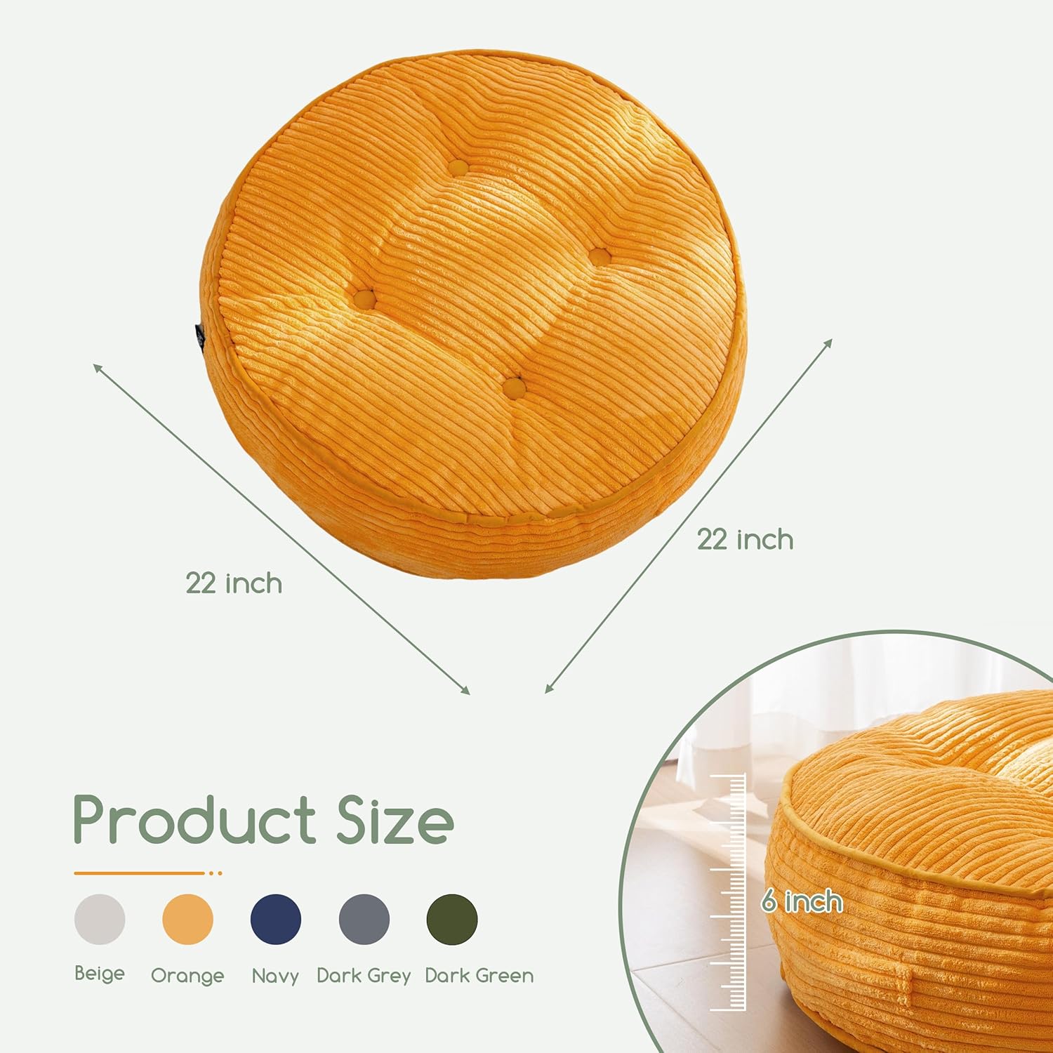 HIGOGOGO 6\" Extra Thick Floor Pillow Cushion for Adults, Meditation Cushion Pillow, Large Round Floor Sitting, Tufted Corduroy Cover, for Tatami Living Room or Yoga, 22x22 Inch, Orange Round Orange 6\" Thick(Pack of 1)