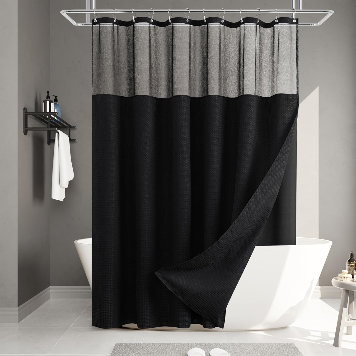 Naturoom Black Waffle Shower Curtain Set with Snapin Liner