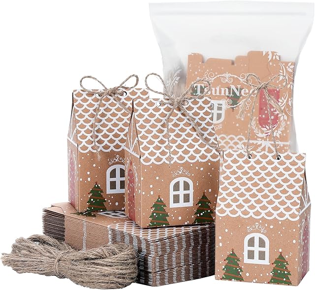 TsunNee 50PCS Christmas Party Gift Boxes, Christmas Kraft Paper Candy Boxes, Xmas Party Favour Bags, Creative Paper Treat Boxes for Christmas Party Decorations