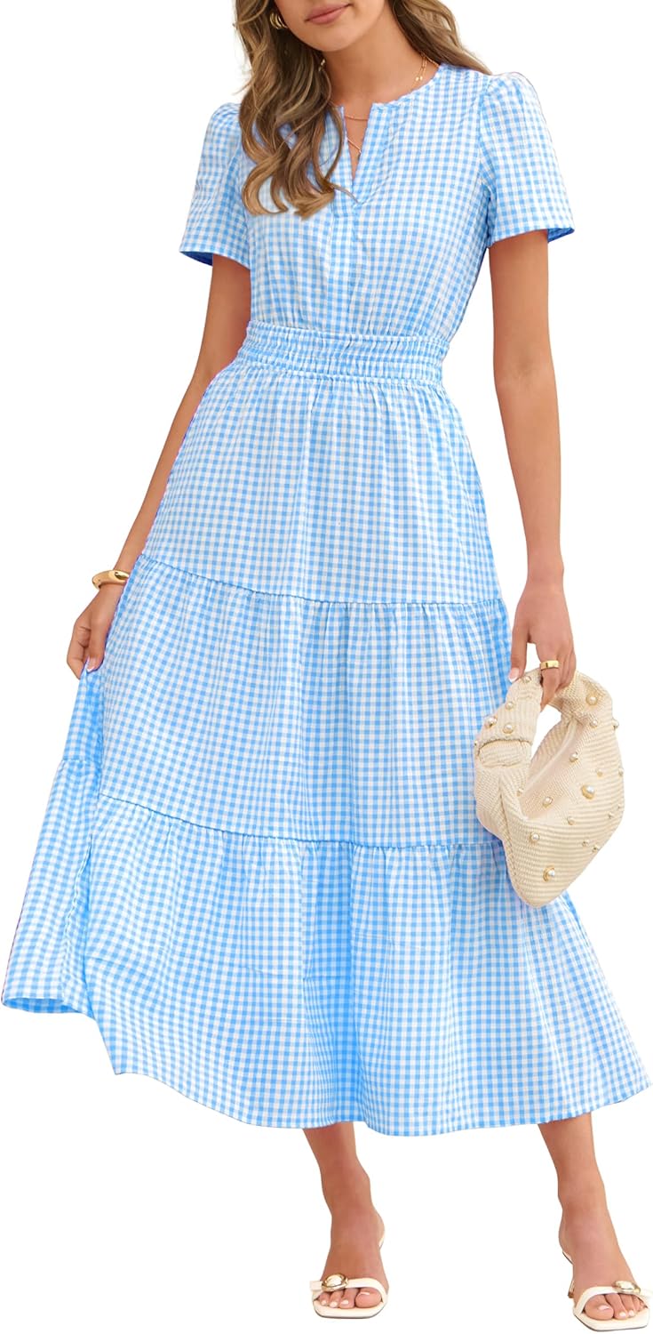 Caracilia Womens Summer Maxi Dresses 2026 Spring Casual V Neck Short Sleeve Gingham Flowy A-Line Beach Vacation Party Dress