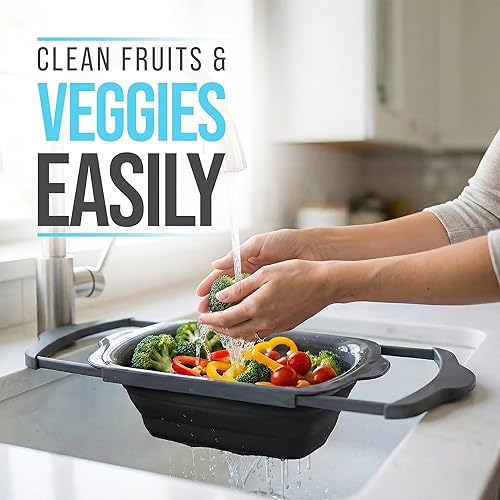 Miniatura 5 de Comfify Colador sobre el fregadero con asas, elegante colador de cocina de plástico negro para pasta, verduras y frutas, diseño que ahorra espacio,