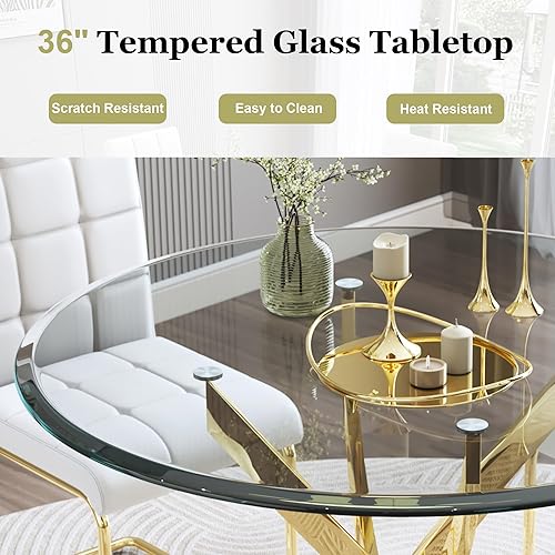 Miniatura 4 de Mesa de comedor redonda de vidrio de 36 pulgadas para 4 personas, mesa de cocina de vidrio circular pequeño con parte superior templada transparente