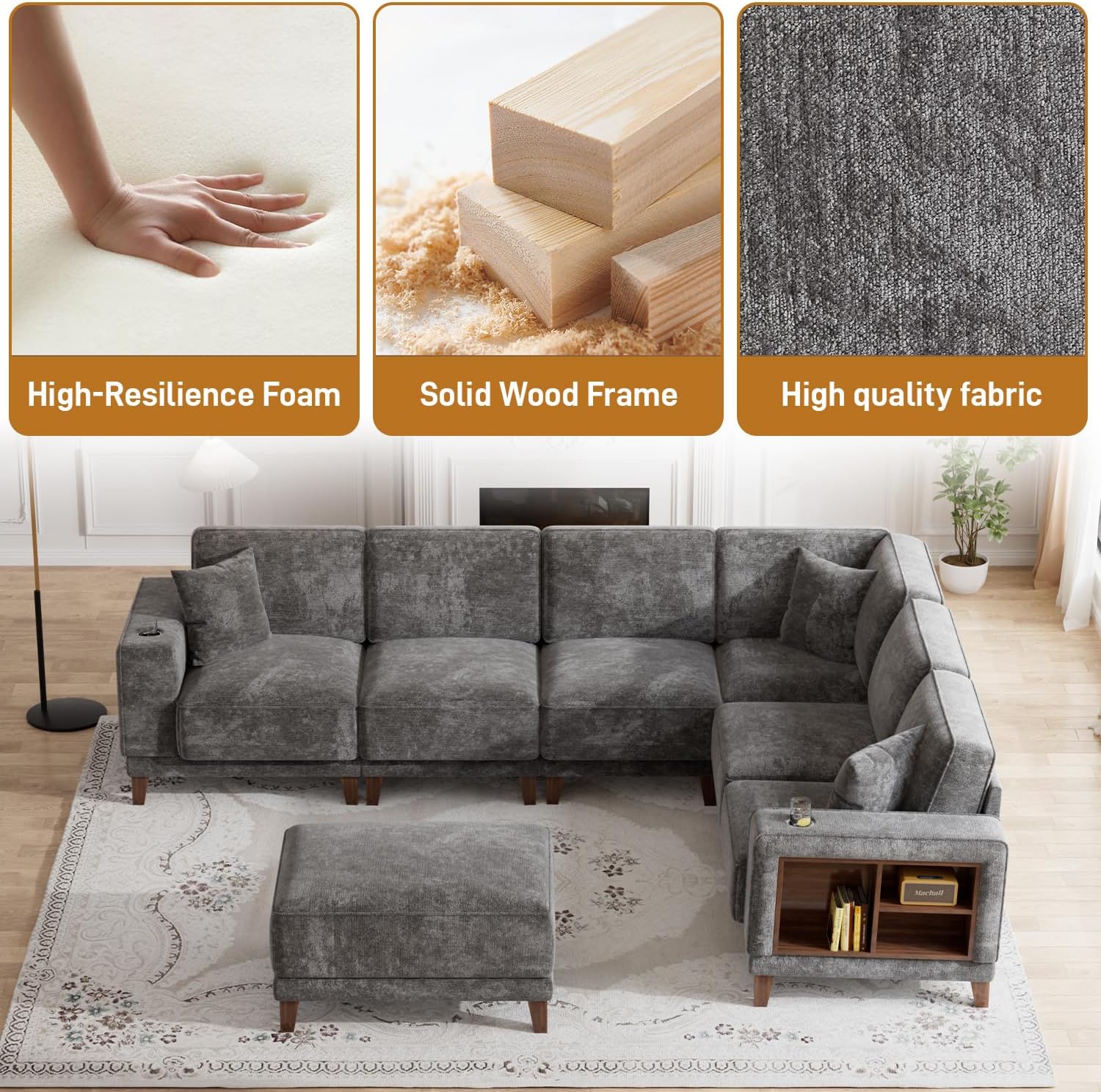 Oversized Modular Sectional Sofa,7-Seat Deep Seat Sofa with Ottoman,USB Ports,Hidden Cup Holders,Side Storage Cabinets in Armrests,U Shaped Couch in Chenille for Living Room (Dark Grey, L7)