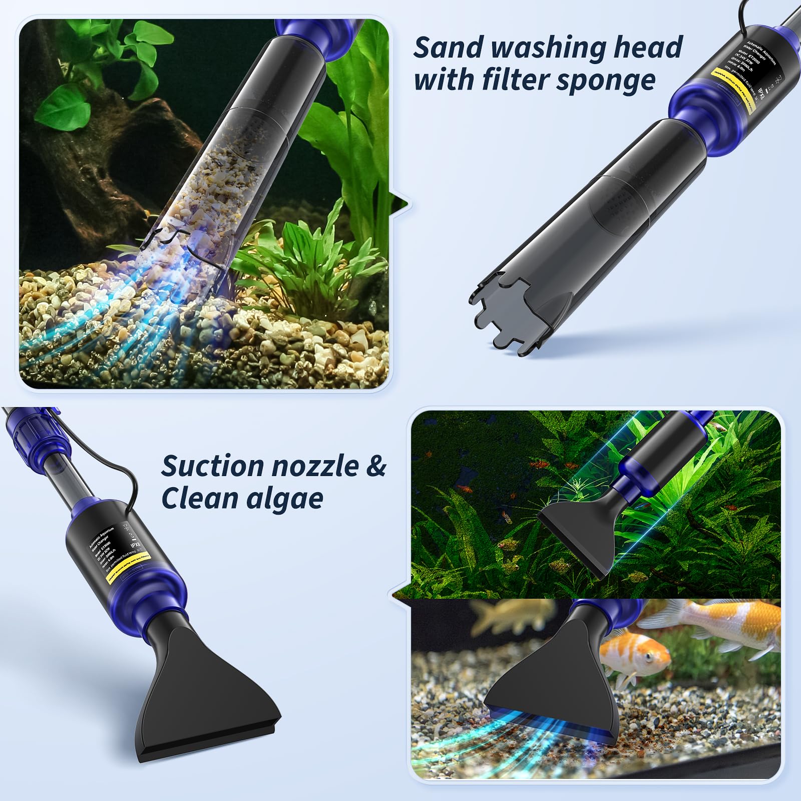 Fish Tank Cleaner, Aquarium Gravel Cleaner, 530GPH/32W Electric Fish Tank Cleaning Tools, Adjustable Water Flow Fish Tank Gravel Cleaner Vacuum, Aquarium Cleaner Kit for Water Chang, Wash Sand (Blue) - image 5