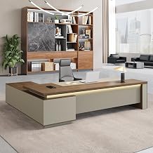 95" L-Shaped Executive Desk with LED Accent Light, Reversible Return, Locking Drawers & 3-in-1 Charging Station, Modern Office Desk in Black Walnut+Khaki