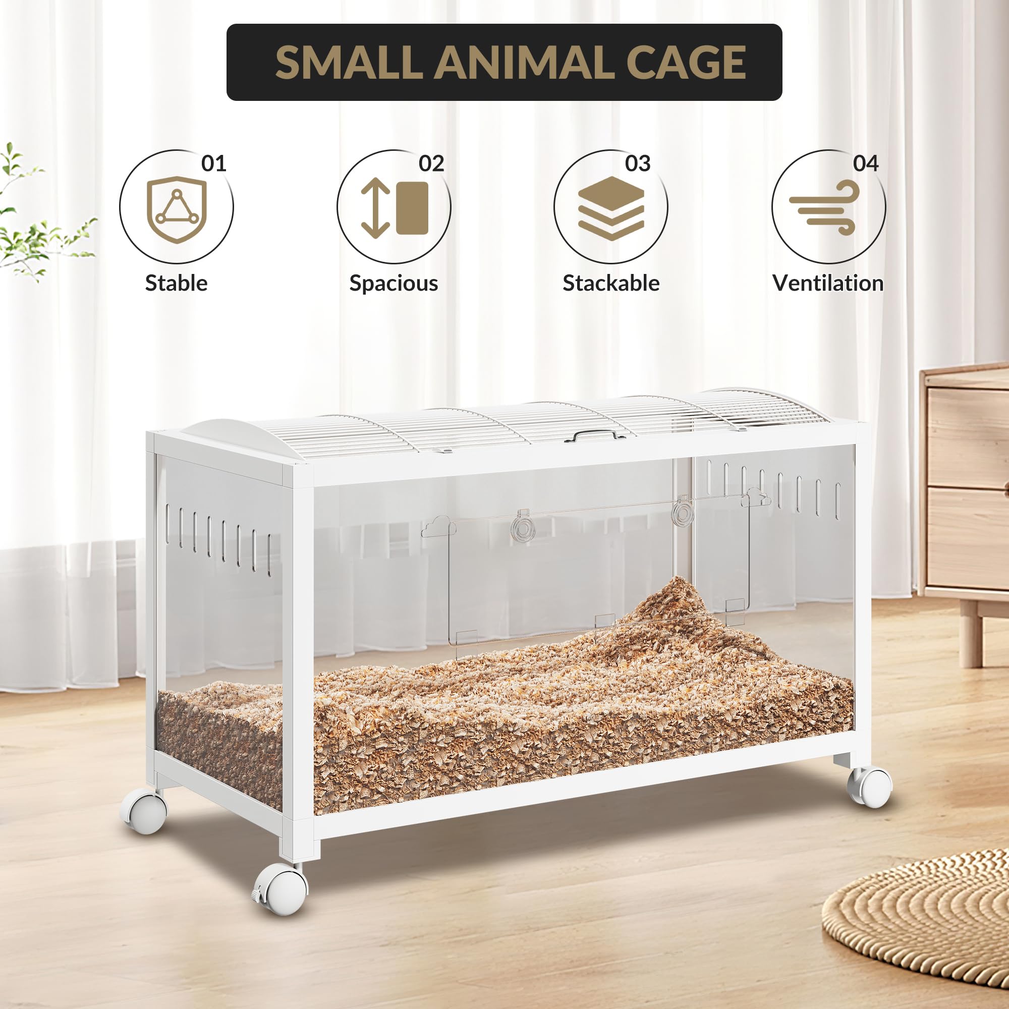 GarveeTech Hamsterkäfig Aus Metall Und Acrylglas, 360°-Sicht Transparenter | Hamsterlebensraum 97x47x51 cm Kleintierlebensräume Groß Stapelbar, Kausicher Atmungsaktiv Rattenkäfig