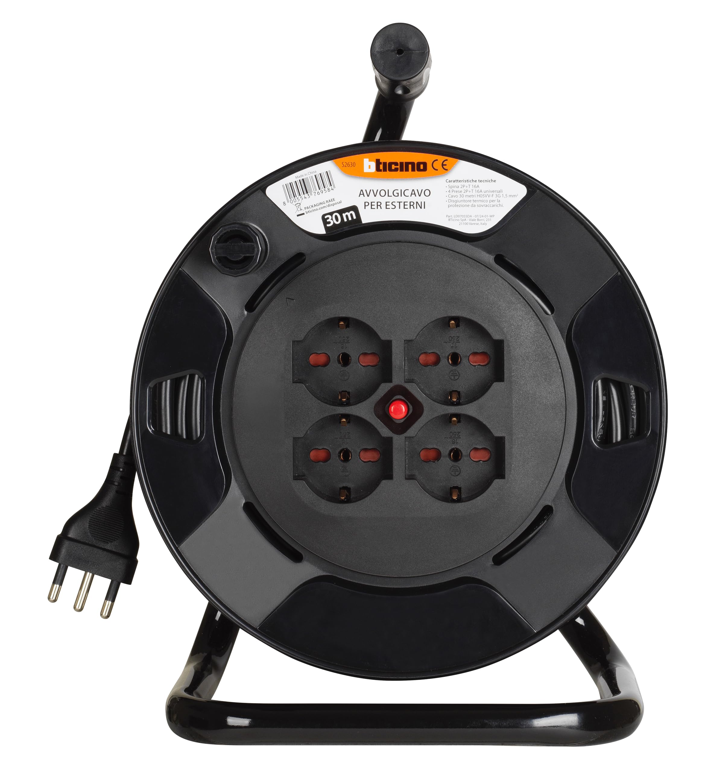BTICINO Carrete de cable S2630 alargador eléctrico de 30 metros, 4 enchufes Schuko, bipolo, enchufe grande 16 A, interruptor térmico, mango ergonómico, soporte para cables y carrete de cable, color