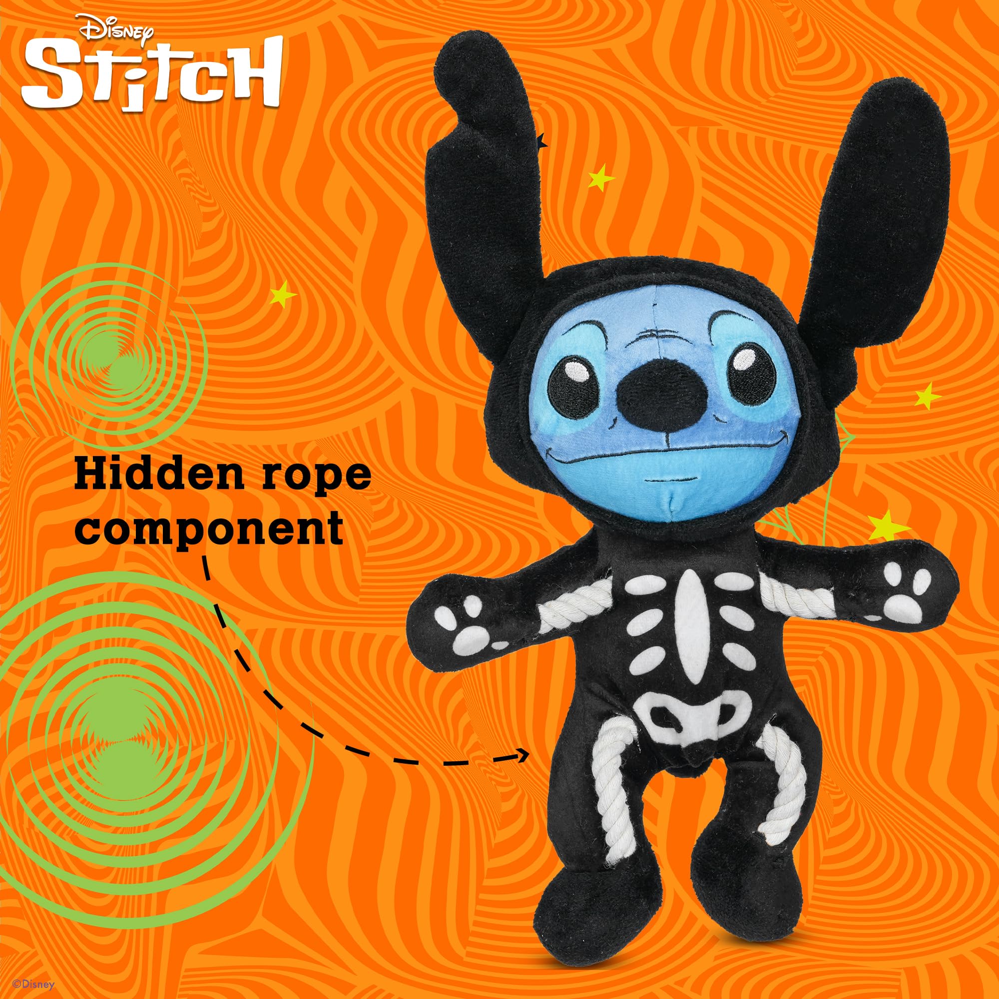 Disney for Pets Lilo and Stitch 20,3 cm Skelett-Stil verstecktes Seil Plüsch Quietscher Hundespielzeug Quietschendes Haustier Plüsch Zerrseile für Hunde, süßes Hundespielzeug für Disney Fans