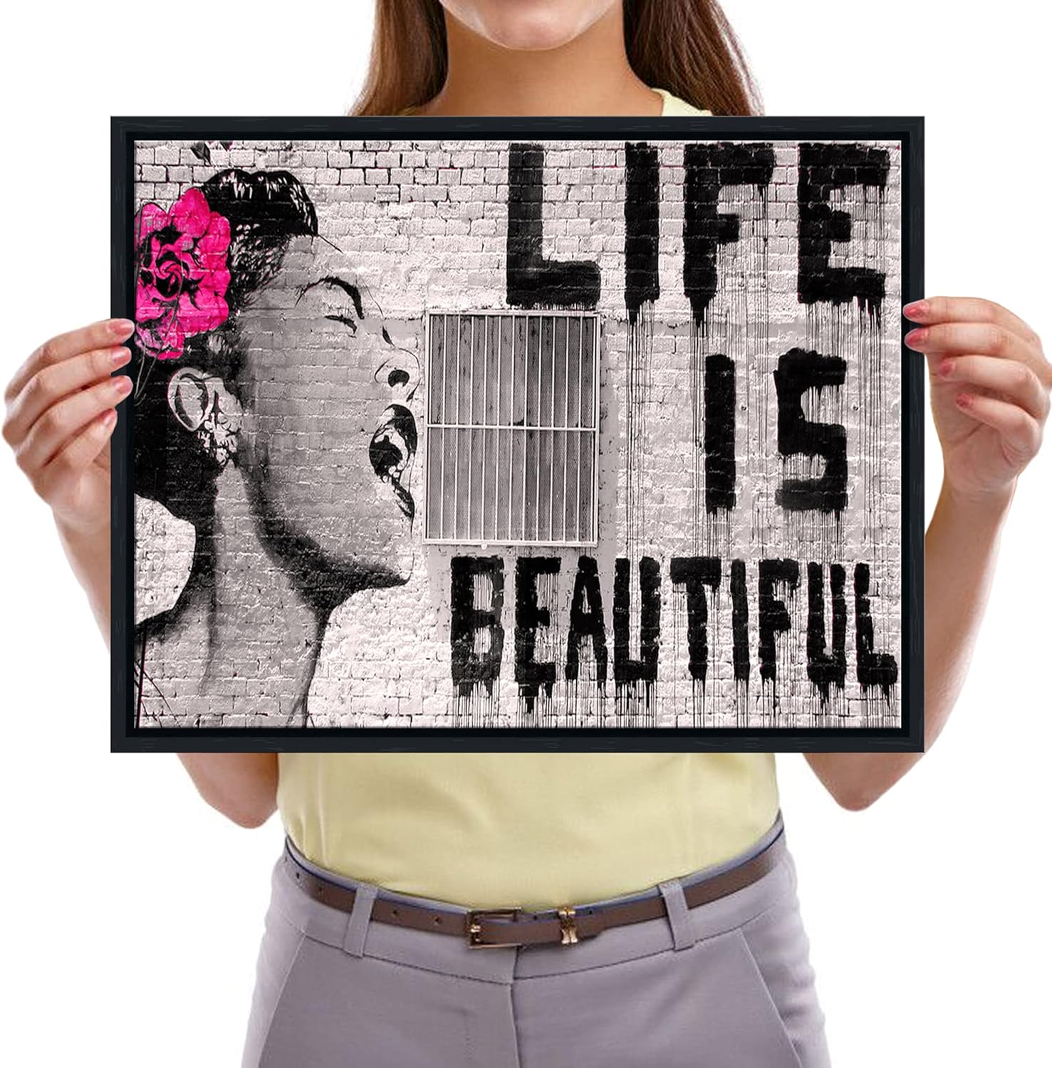 Pyradecor Black Framed Canvas Wall Art Banksy Life is Beautiful Artwork Modern Grey Love Pictures Paintings for Bedroom Living Room Home Office Decorations