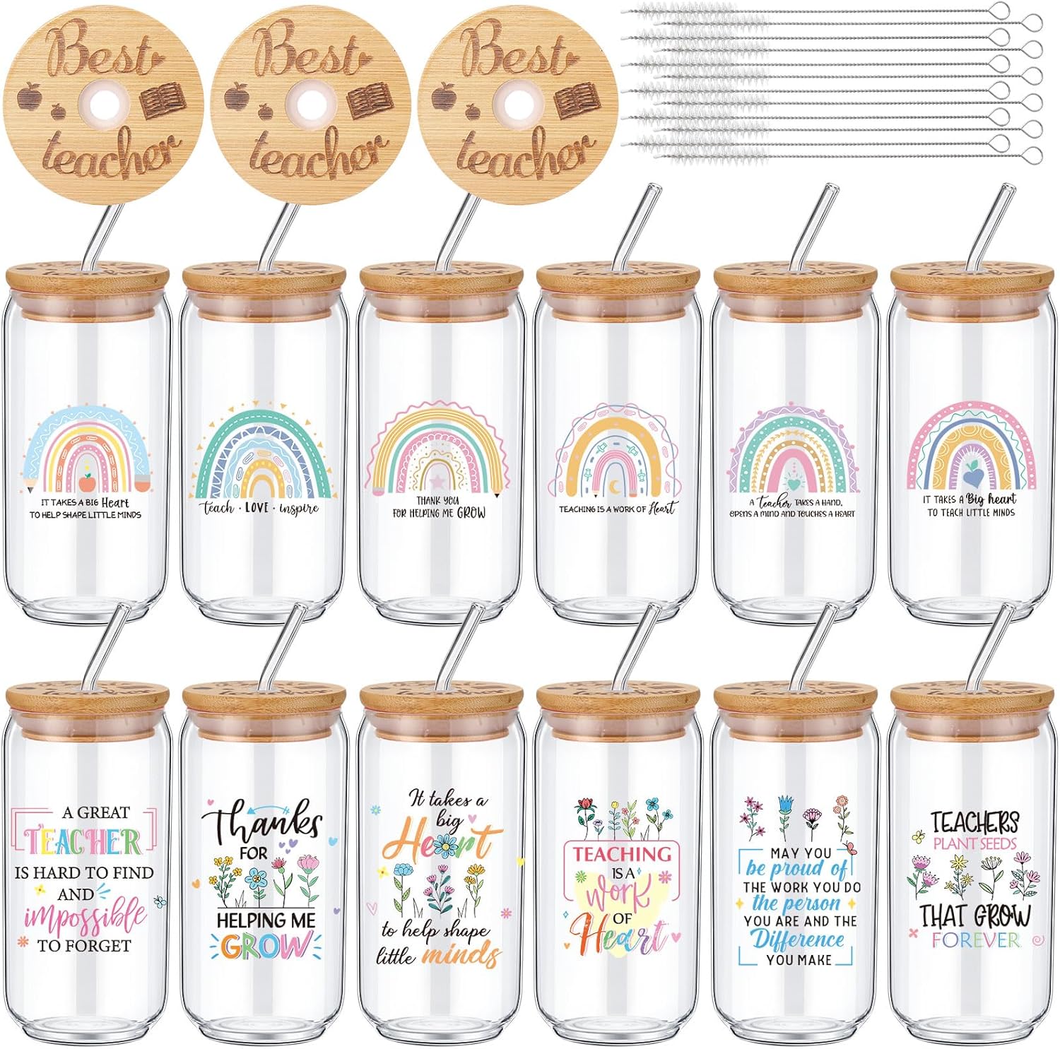 Tioncy 12 Pcs Teacher Appreciation Week Gifts Bulk 16 oz End of Year Thank You Teacher Glass Cups with Lids and Straw Inspirational Glass Drinking Tumbler Gifts for Teachers Professors Coworkers