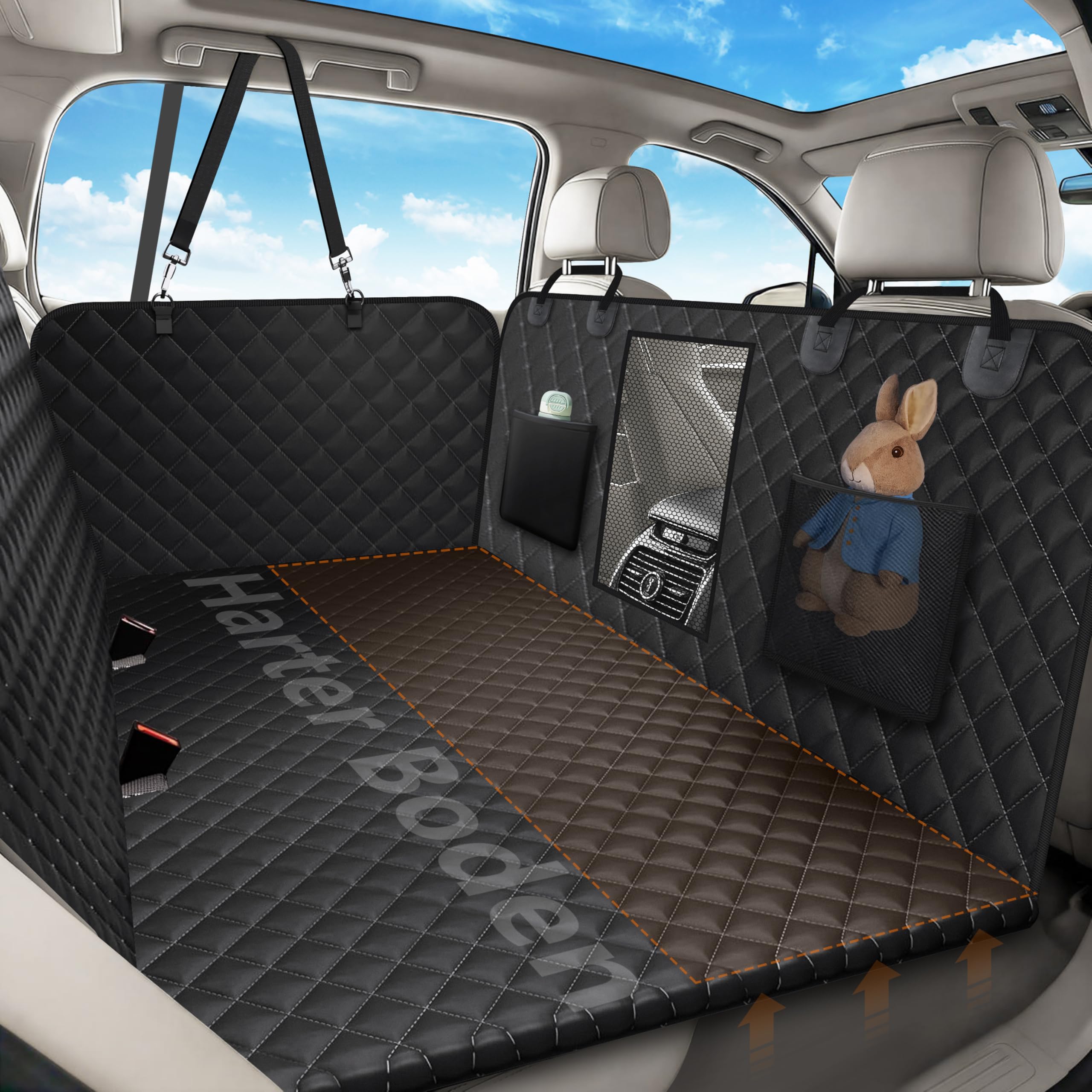 Alfheim Hundedecke Auto Rücksitzbank, mit Hängematte mit Belüftungsnetz | Wasserdicht Kratzfest Faltenbar, Hartboden und 40% mehr Platz (Tragkraft 180 kg), für SUV und Familienwagen (Schwarz)